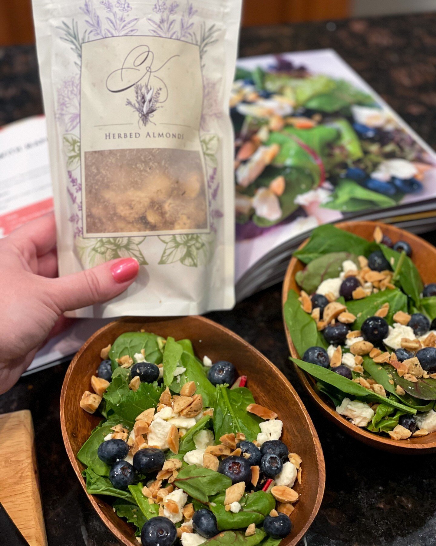 Happy #FoodieFriday! Our famous Herbed Almonds are the perfect addition to any green salad. @therosetable loves them with blueberries, feta cheese, spinach, and balsamic vinaigrette. Yum! Learn all about our Almond Club on kuhlmancellars.com.