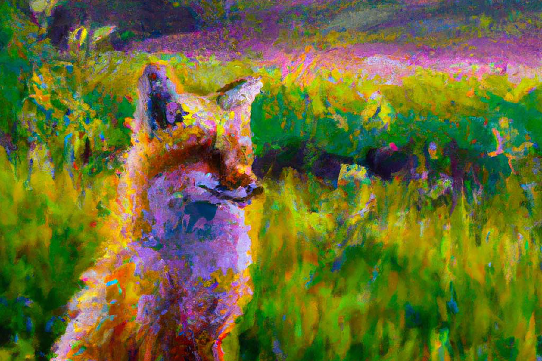 “a painting of a fox sitting
in a field at sunrise in the
style of Claude Monet”
