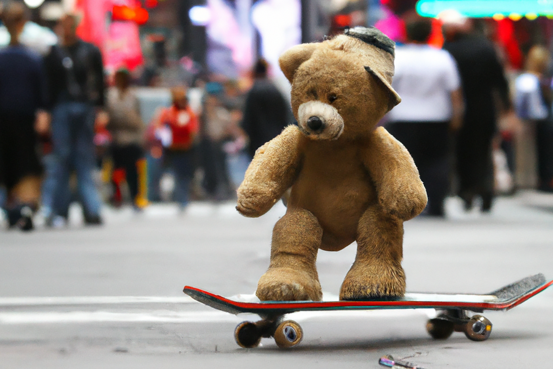 “A photo of a teddy bear on a skateboard in Times Square”