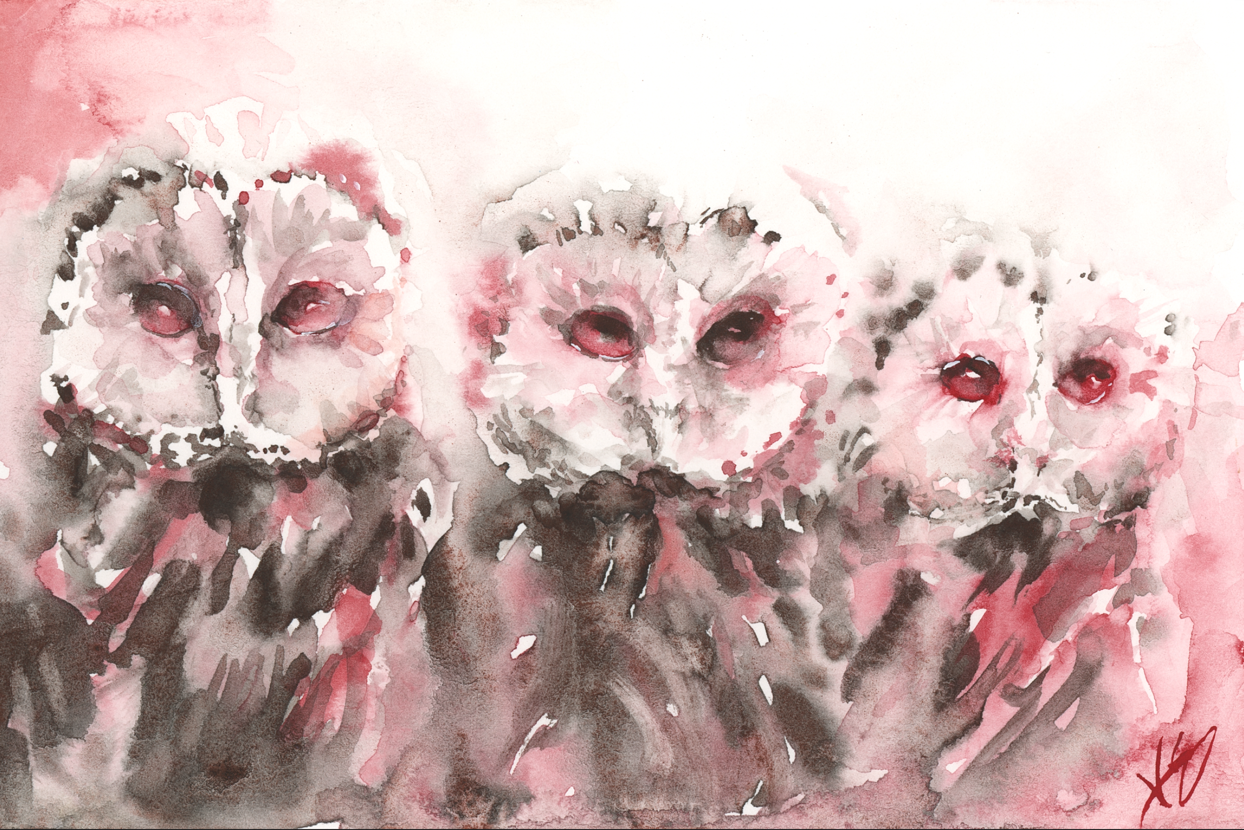 Painting a Trio of Owls in Watercolor: A Two-Color Study in Red