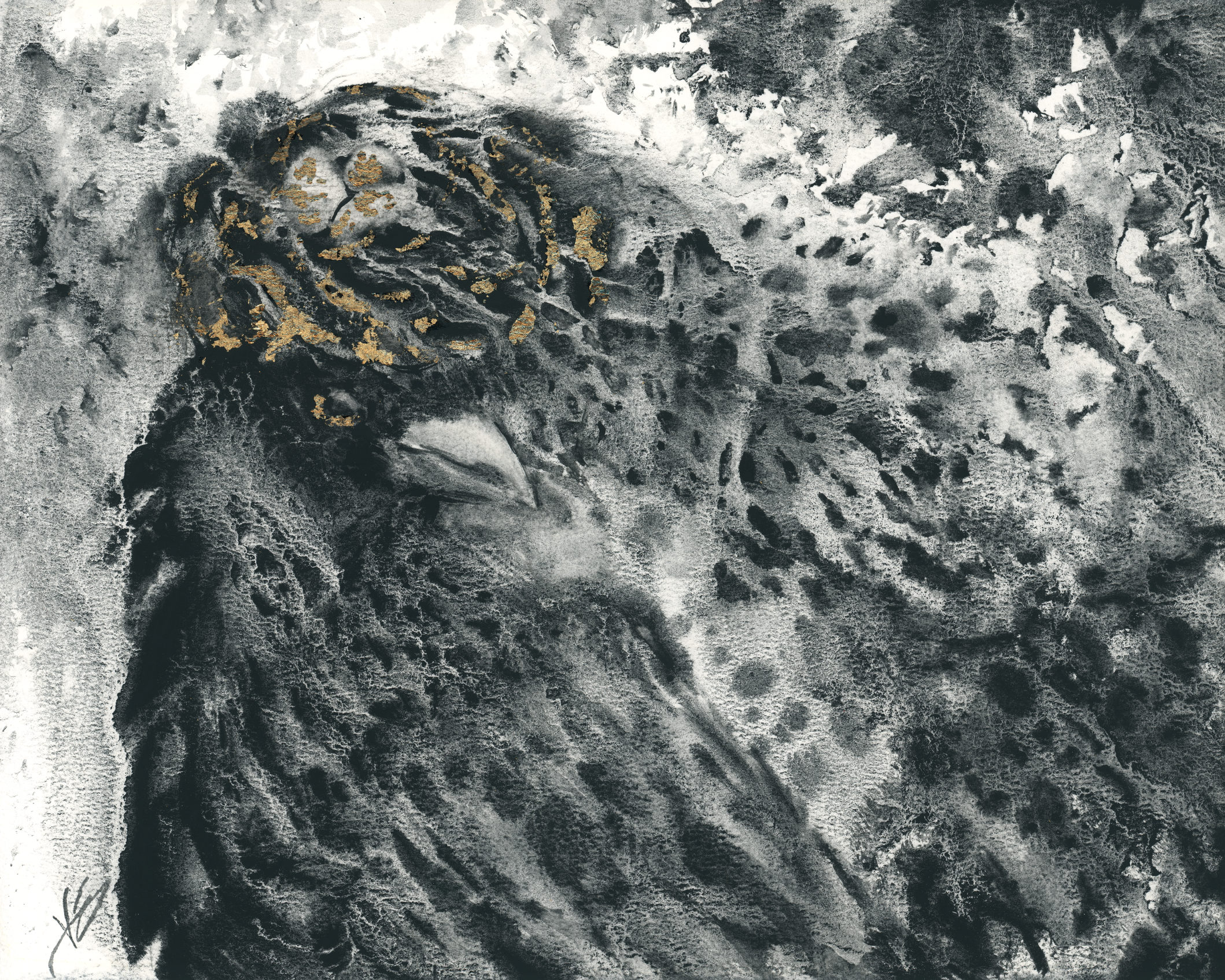 Painting "Fashionista": A Moody, Monochromatic Crow in Lunar Black