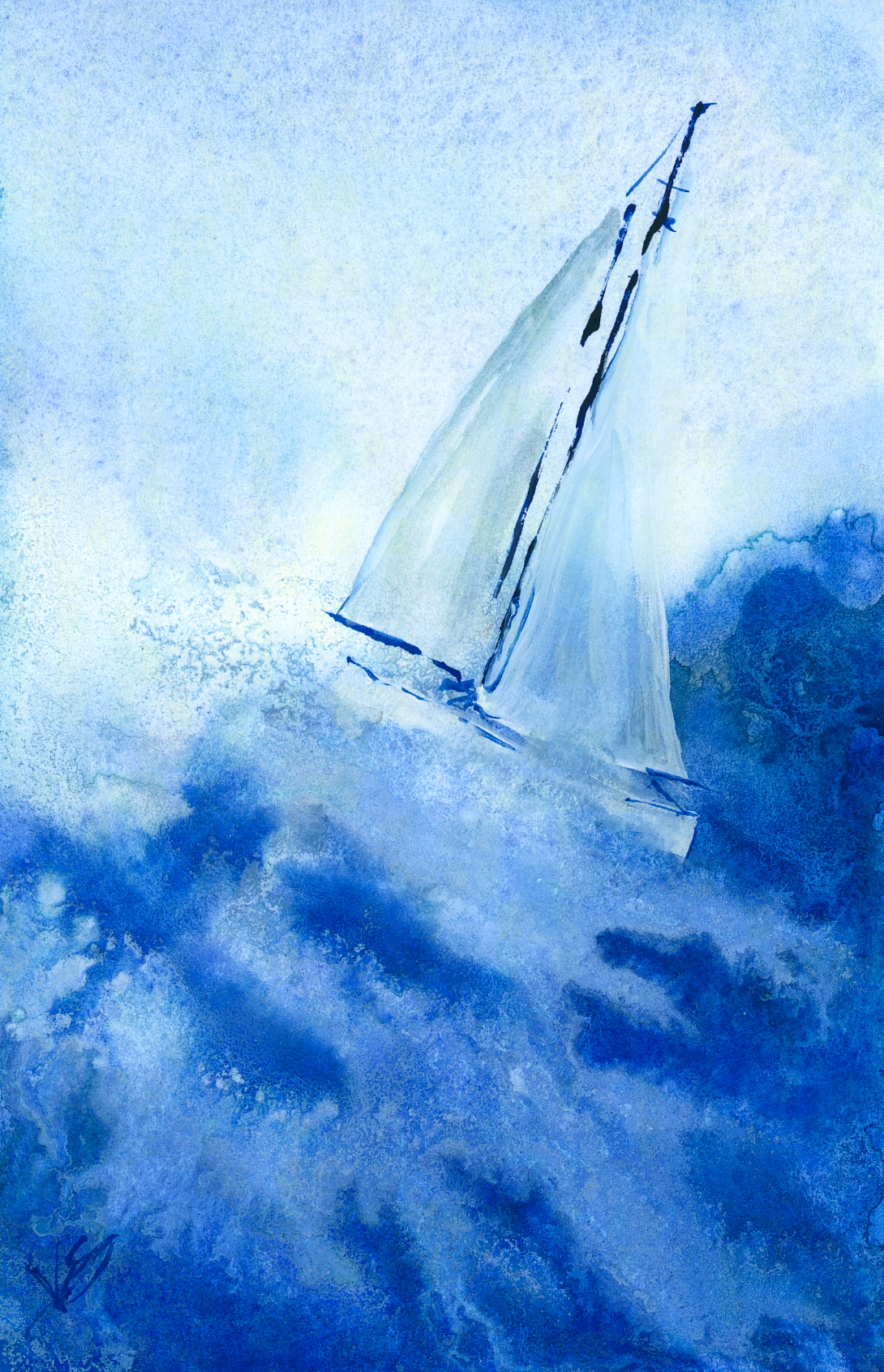 Create a Dynamic Monochromatic Ocean with Sailboat using Watercolor, Acrylic Ink, and Gravity