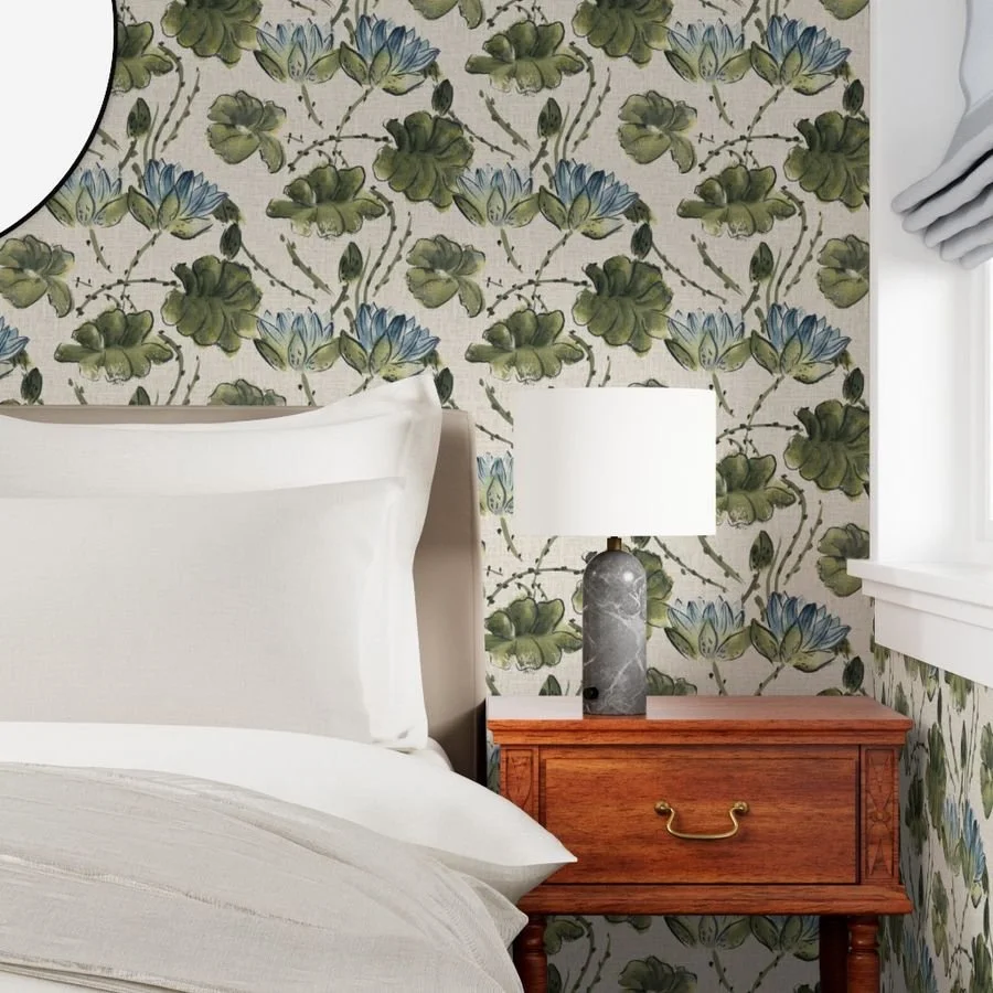 watercolor lotus Chinese brush painting wallpaper in blue and green