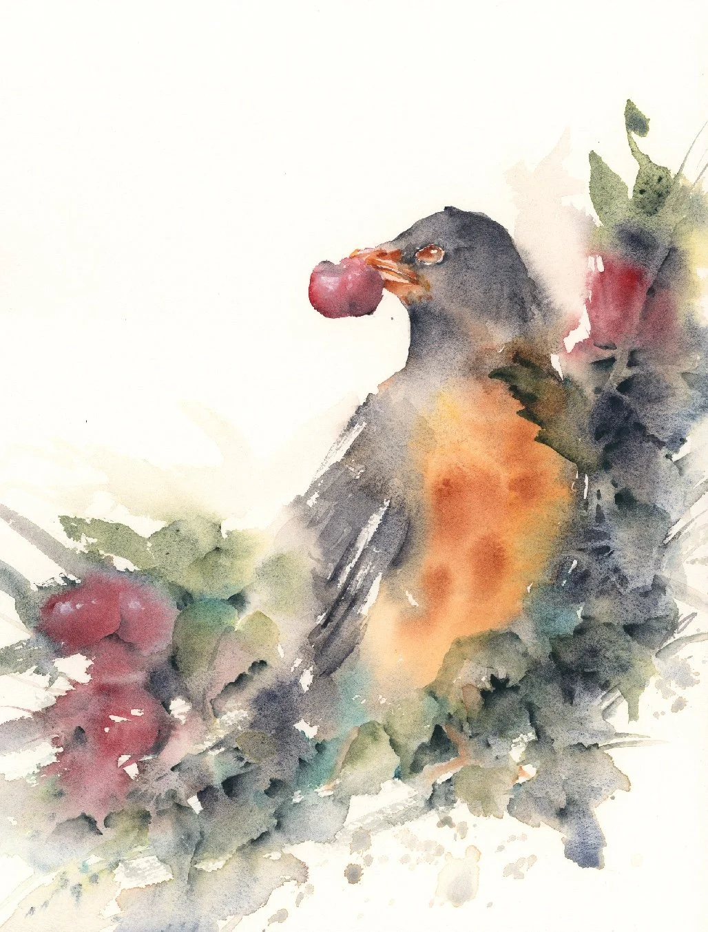 "Robin with Cherry" 9x12 inches