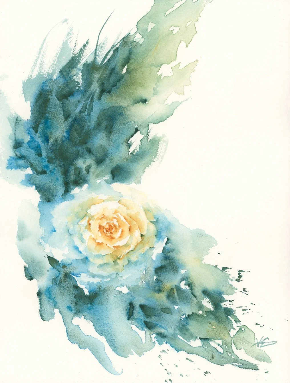 Watercolor painting of a yellow rose surrounded by green and blue foliage.