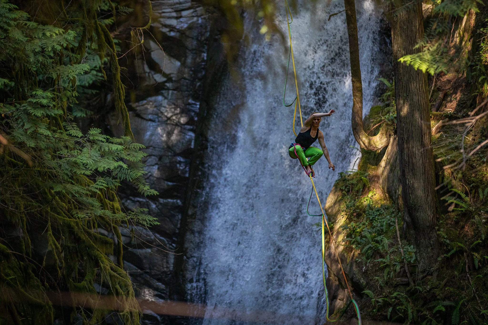 A person is rappelling down a waterfall in a lush, green forest.