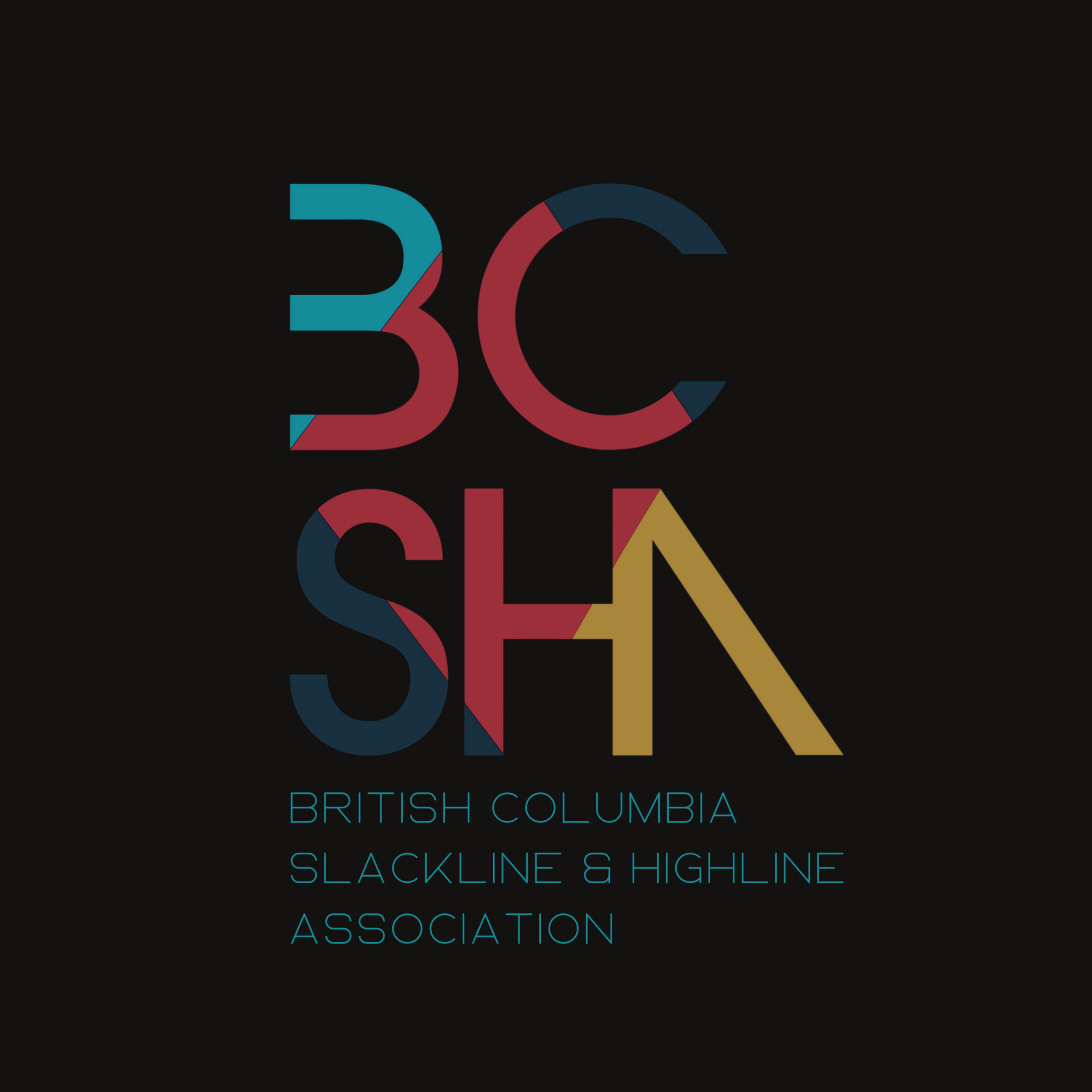 Logo for British Columbia Slackline & Highline Association featuring stylized letters 3C and SH with colorful segments, and text beneath reading 'BRITISH COLUMBIA SLACKLINE & HIGHLINE ASSOCIATION' in teal.