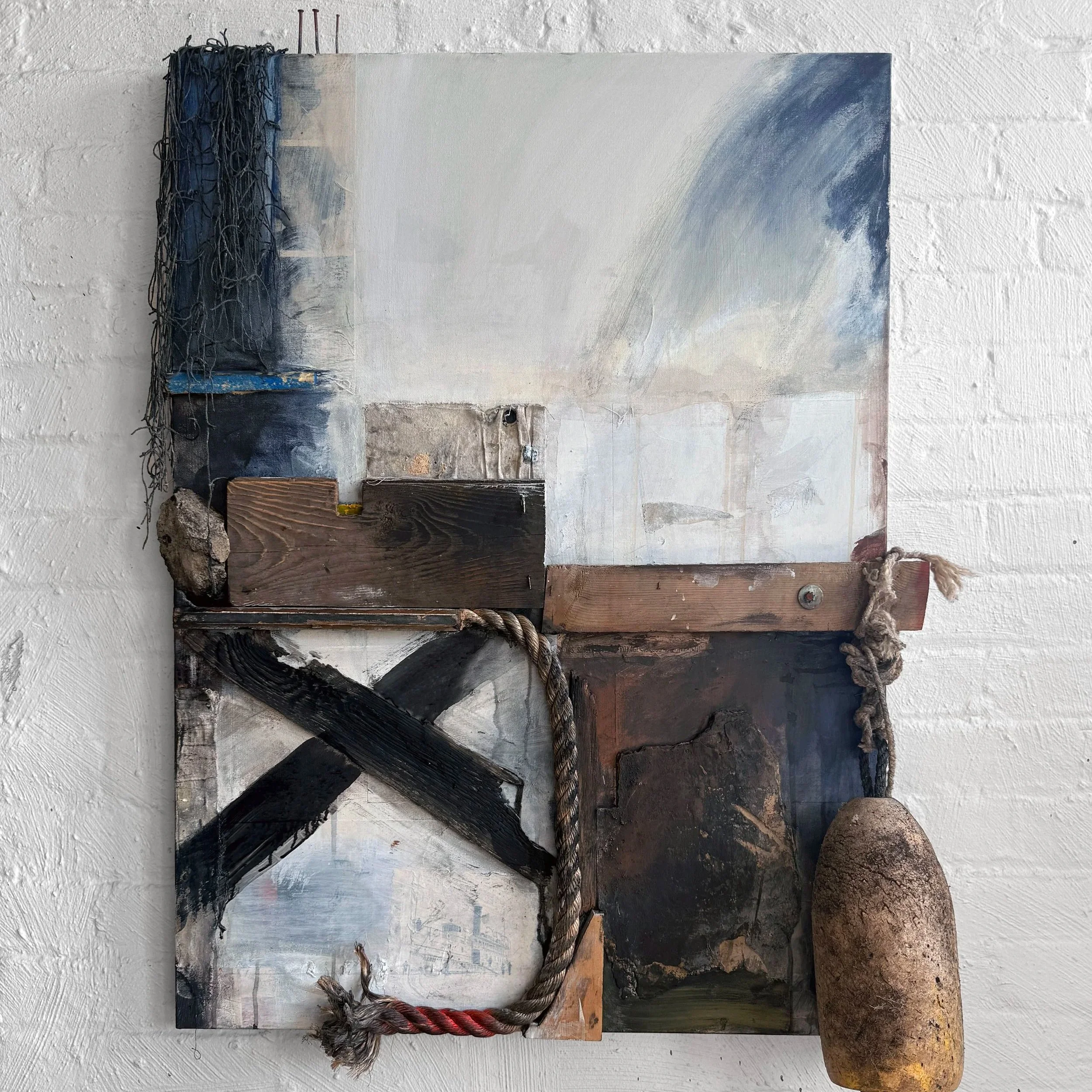 Harbor Remains (2026)  |  Mixed media, collage, dock line, found objects and buoy on canvas. |  48x32x8 in.  |  $5500
