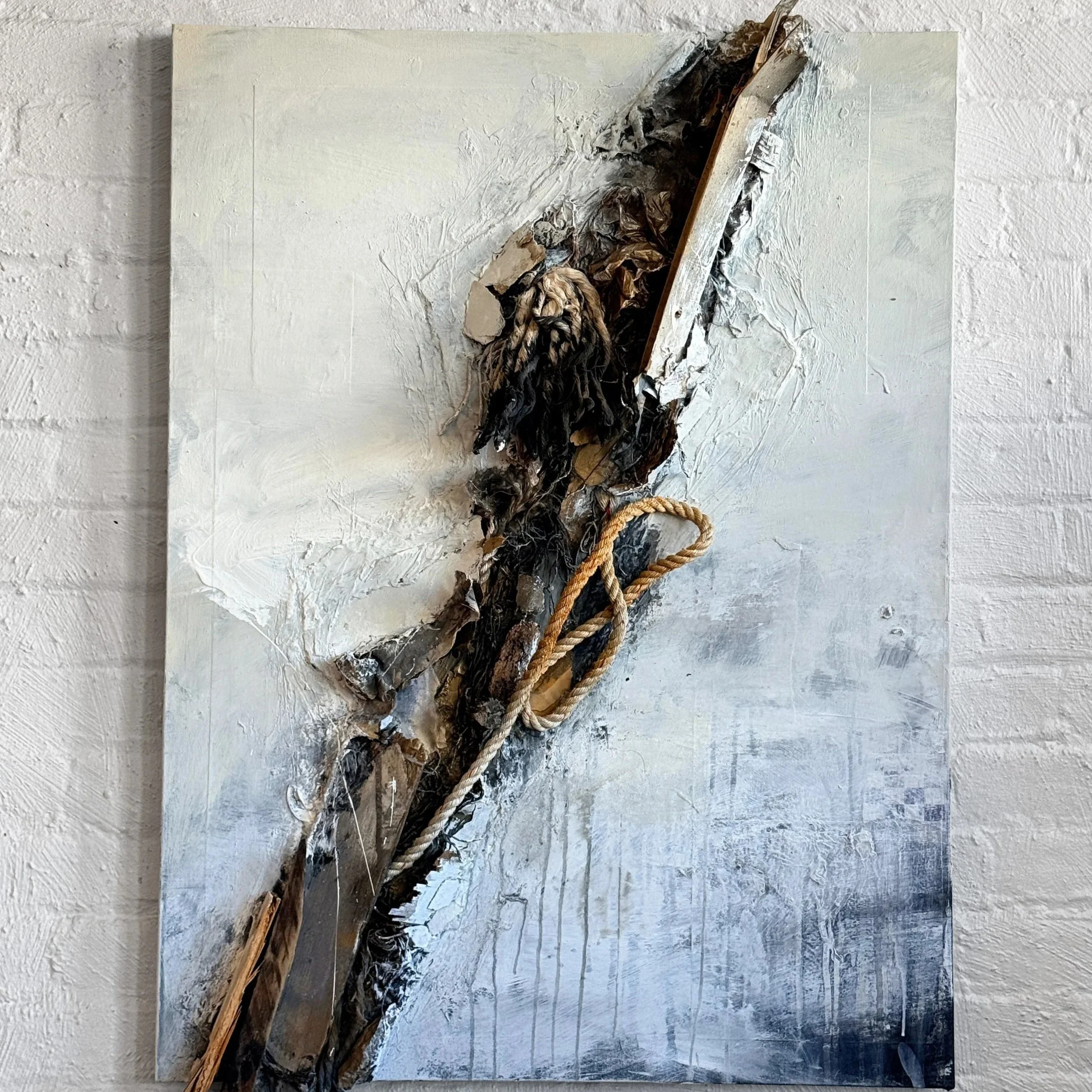 Break Water (2026)  |  Mixed media, collage, dock line, found objects, wood and fishing net on canvas  |  46x30 in.  |  $5000