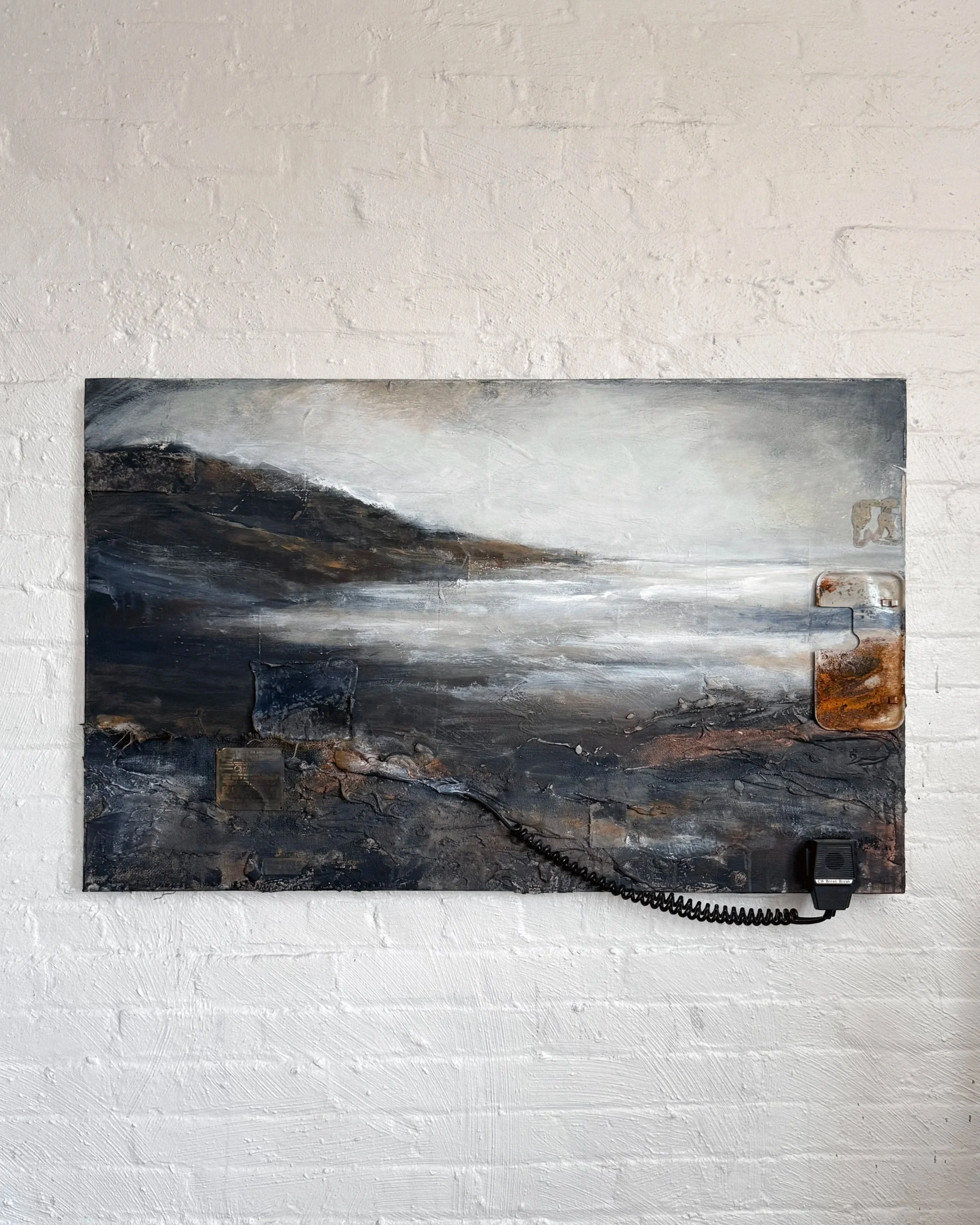 Lost Bearing (2026)  |  Mixed media, collage, burlap, metal boat engine placard and broken CB radio on canvas. |  32x48x4 in.  |  $4500