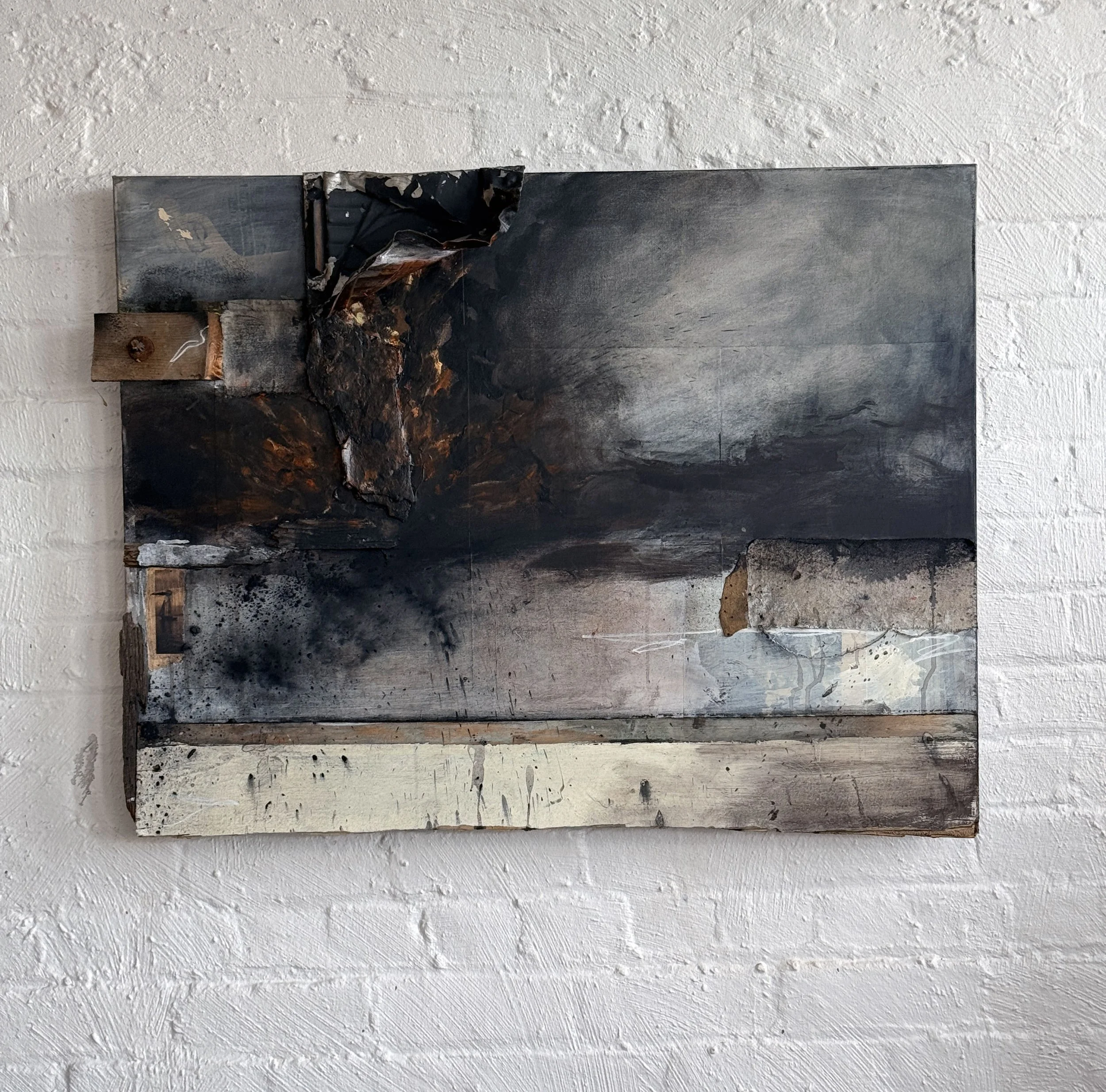 Burn Point | Mixed media, collage, wood, found objects and burnt metal on canvas | 42x36 in. | 2026