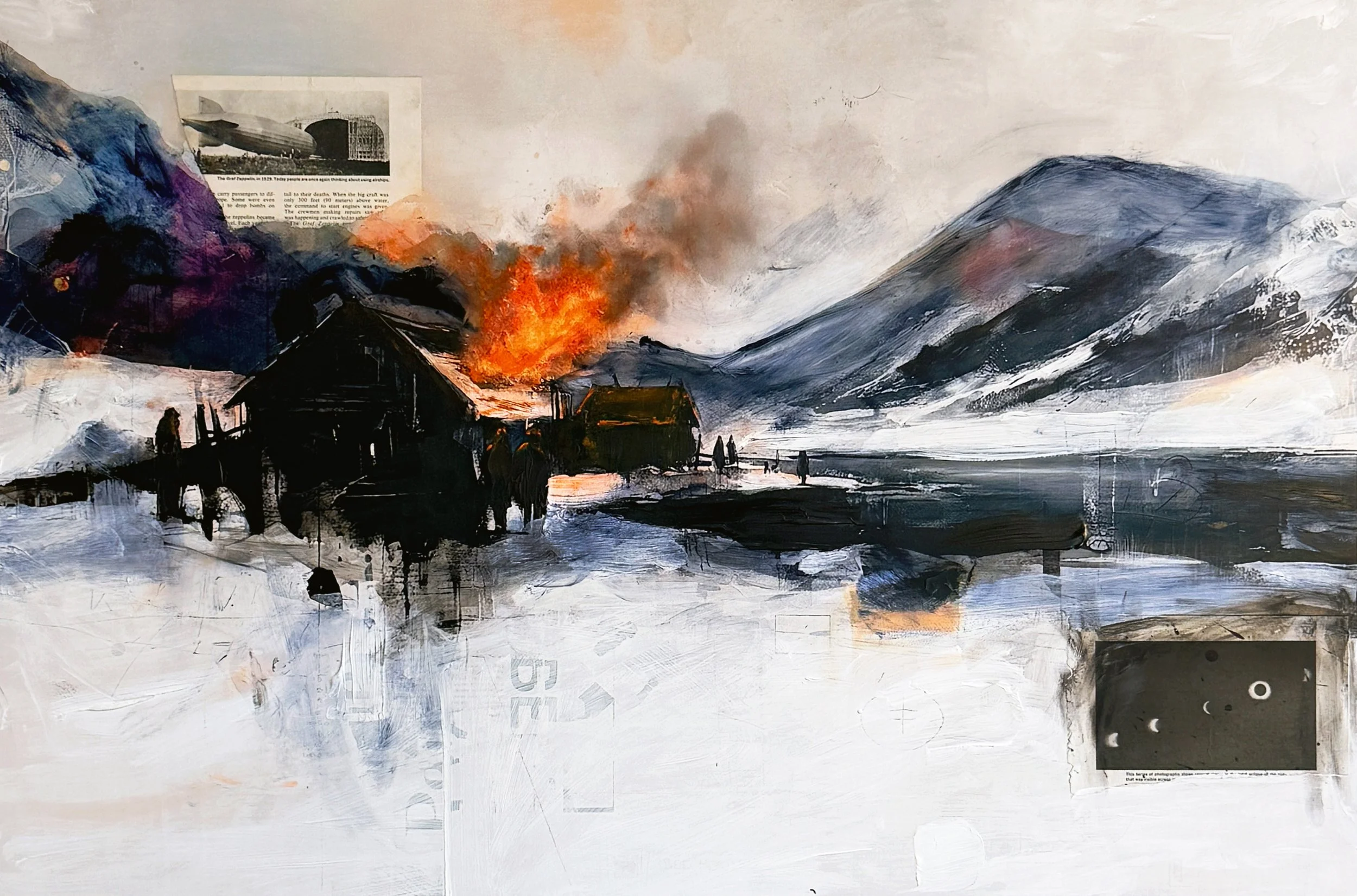 A painting by David Buetsche of a small village with houses burning and smoke rising, set in a mountainous landscape with a reflective body of water in the foreground.