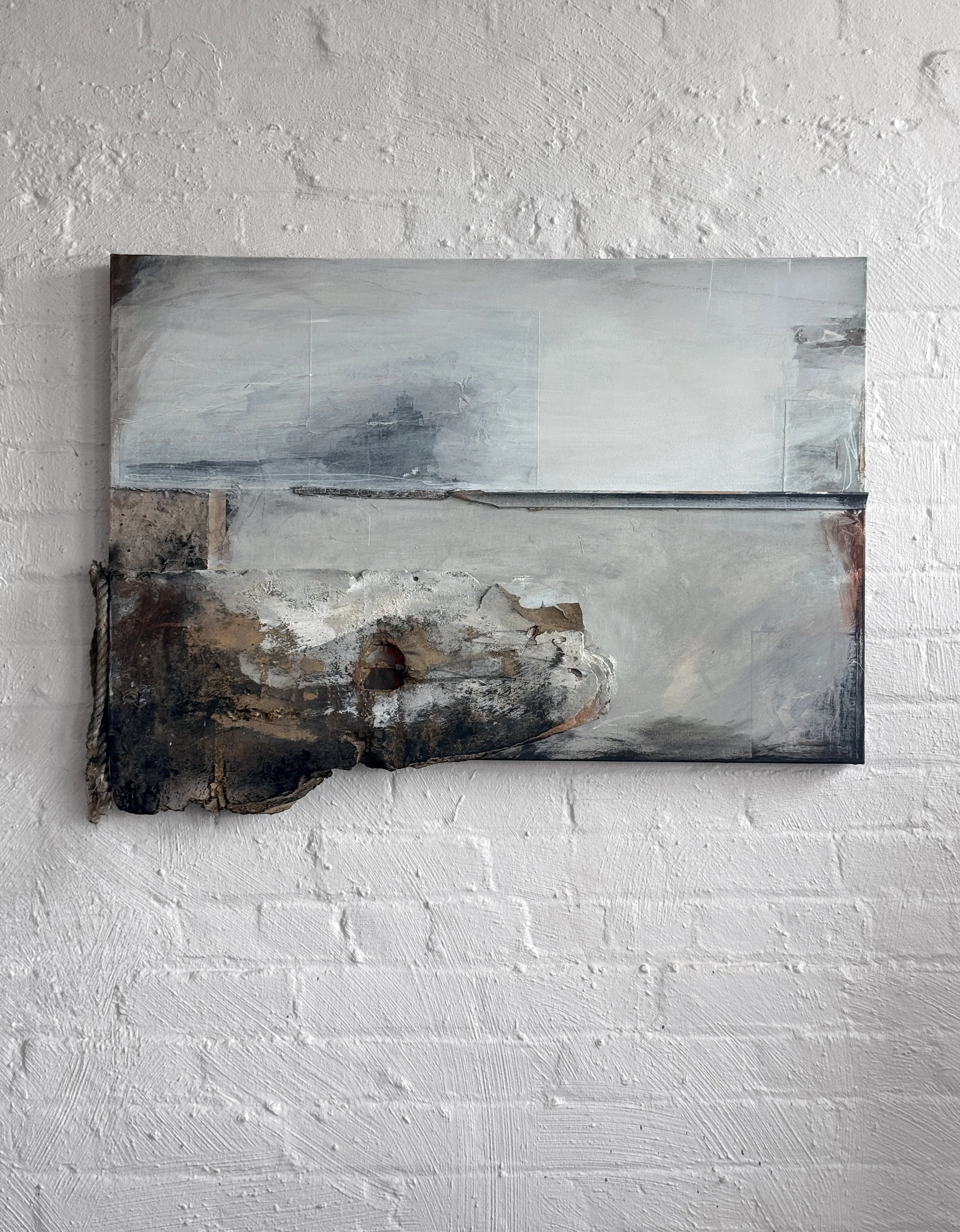 Last Dock | Mixed media, collage, dock line, found objects and wood on canvas | 42x34 in. | 2026
