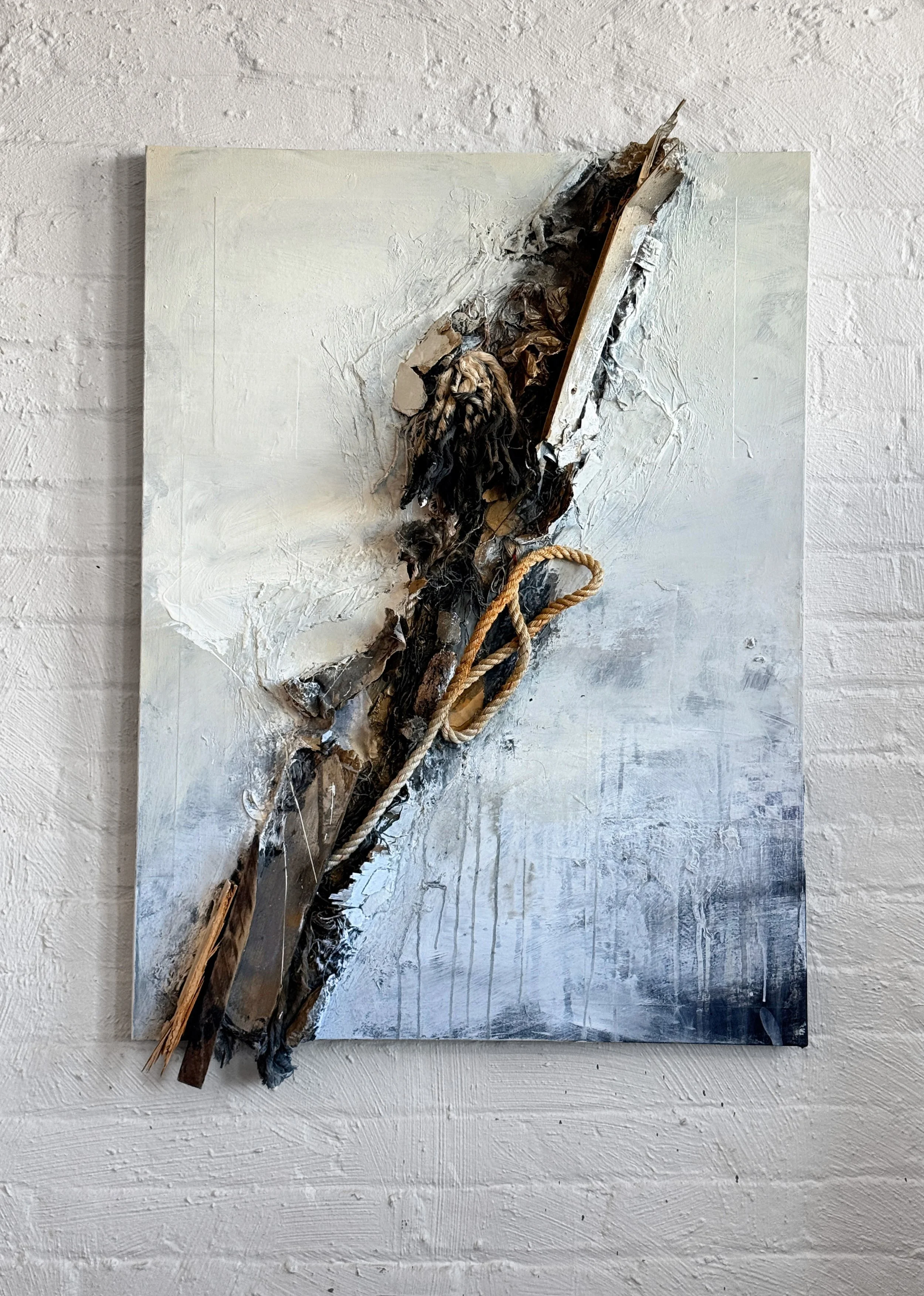 Break Water | Mixed media, collage, dock line, found objects, wood and fishing net on canvas | 46x30 in. | 2026
