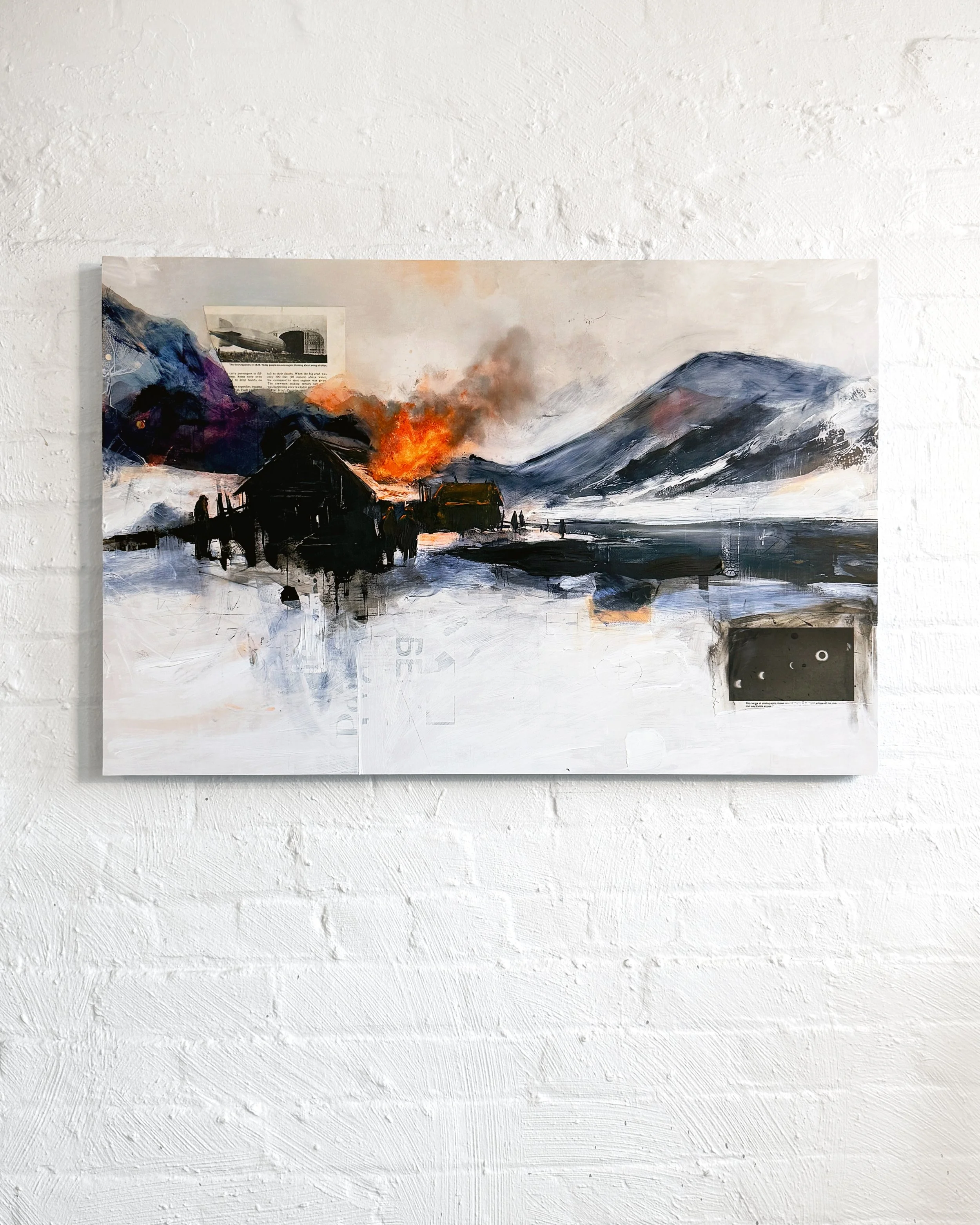 Abstract painting by David Buetsche of a snowy landscape with a burning building, mountains, and a small boat on the water, with added collage elements.