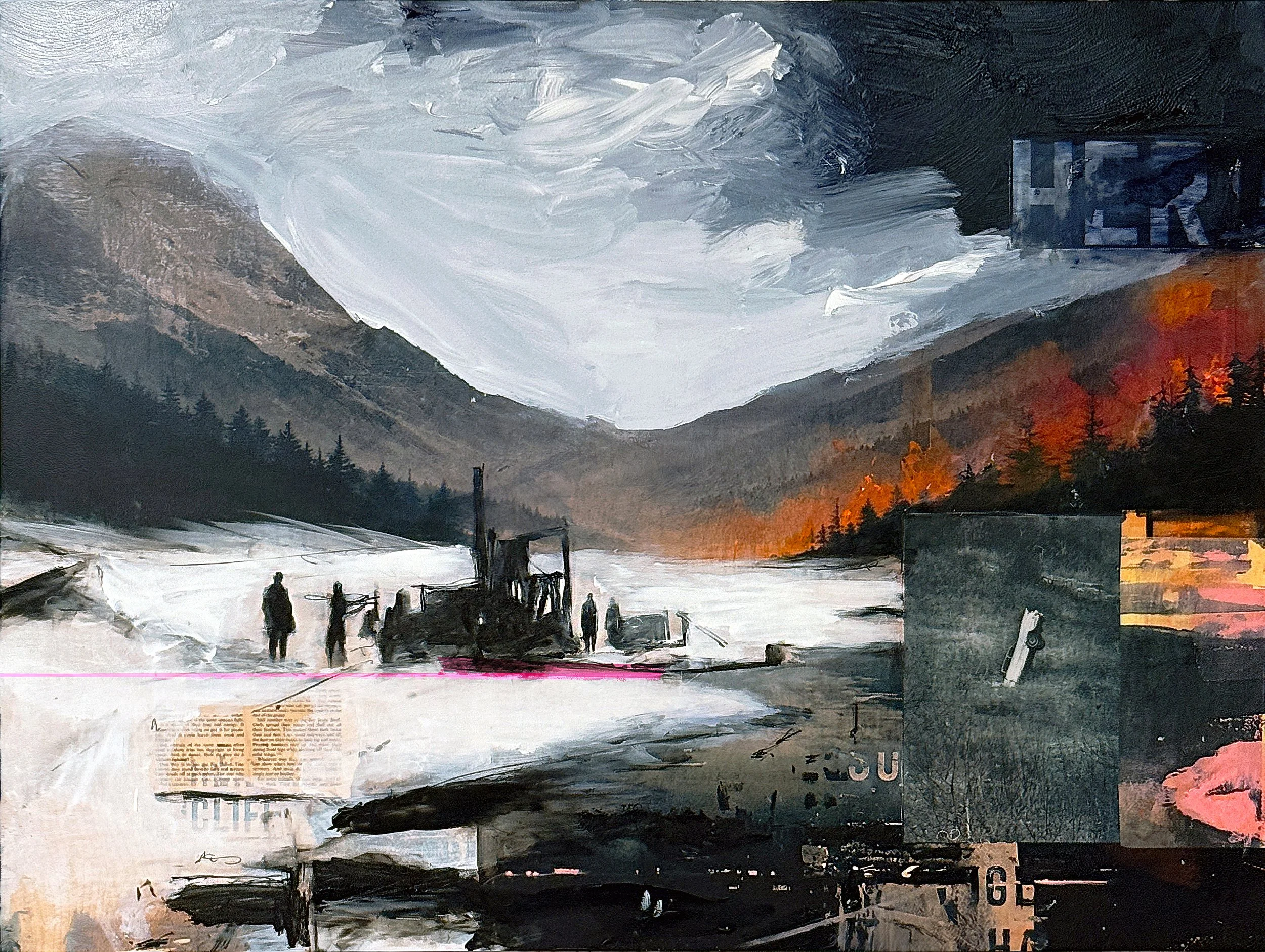 An abstract painting by David Buetschedepicting a landscape with mountains, trees, a body of water, and a cloudy sky, with silhouettes of people and machinery in the foreground.