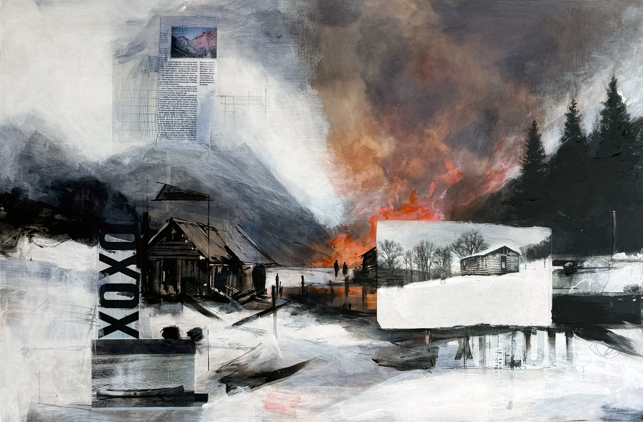 A painting by David Buetsche depicting a village fire with smoke and flames rising in the background, snow-covered houses, and trees, with collage elements including newspaper clippings and painted textures.