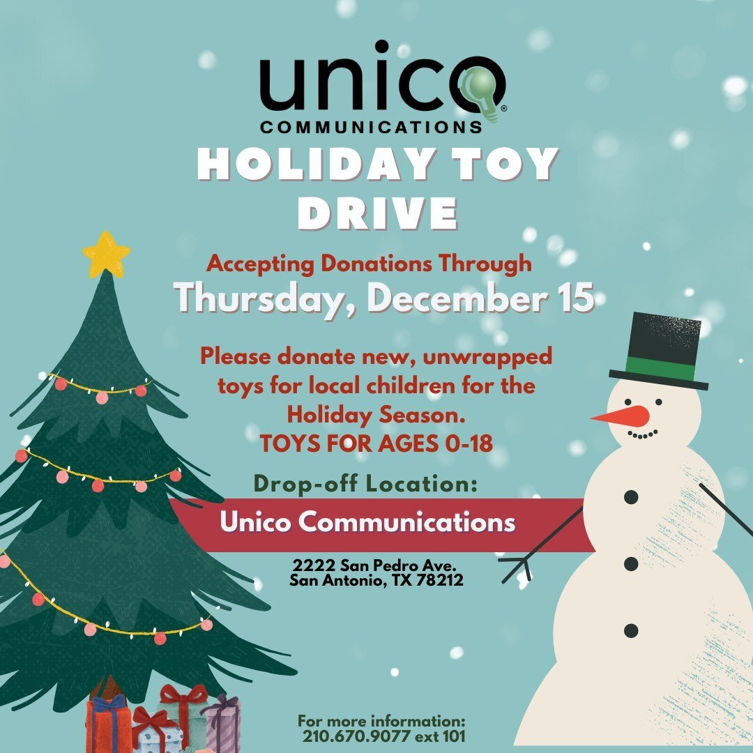 Get into the spirit of the holiday season! Join us as we collect toys for @familyservicesa, the oldest human service nonprofit organization in San Antonio. This year the #UnicoComm team is requesting unwrapped gifts for children of all ages &ndash; f