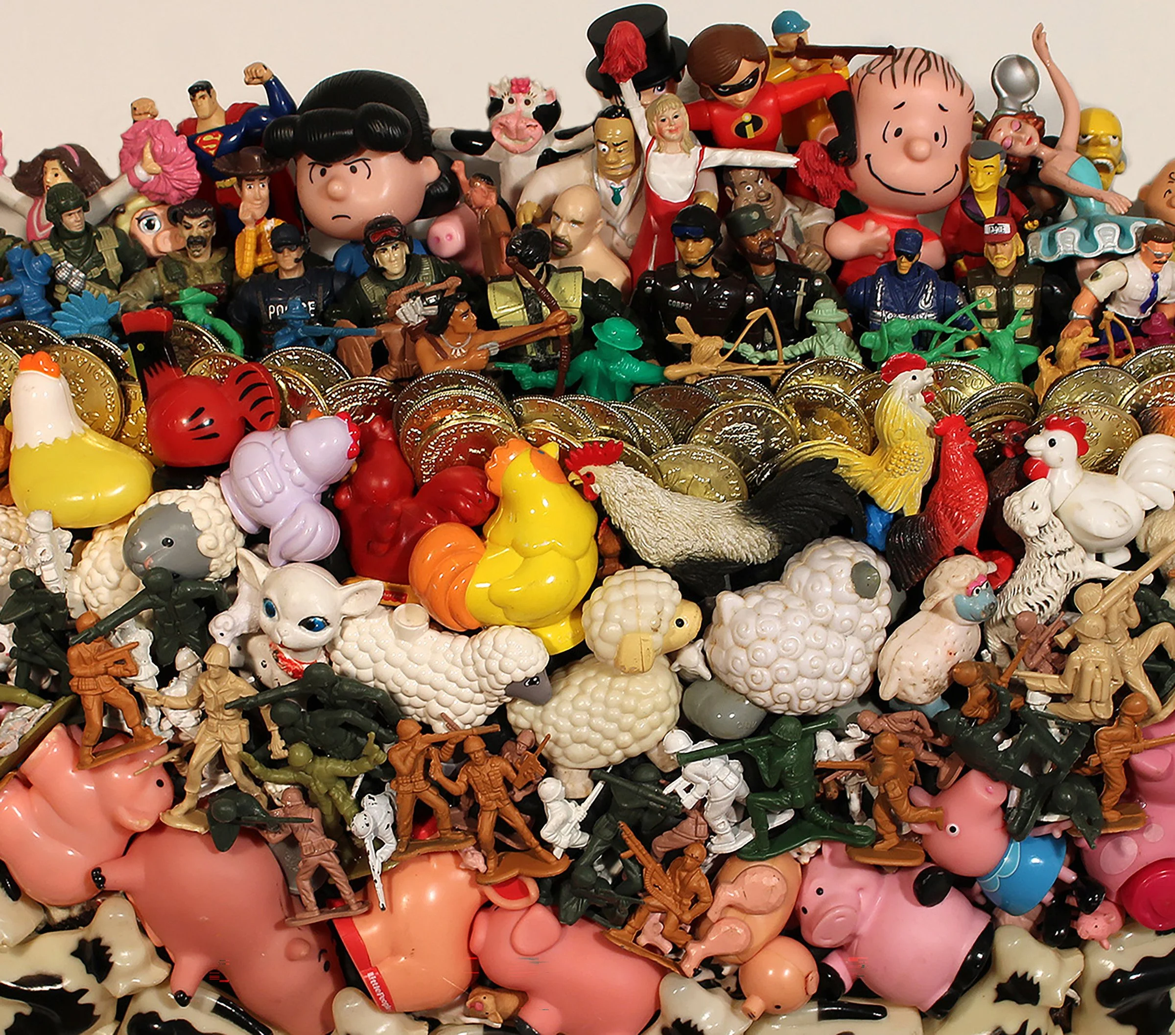 2025 DOMESTIC AGENDA (detail), Found Toy Farm Animals, Coins, Various Domestic and Military Figures, E-6000, Apoxie Sculpt, EZ Sculpt, Plywood, 15”H x 25”W x 5”D, 2025