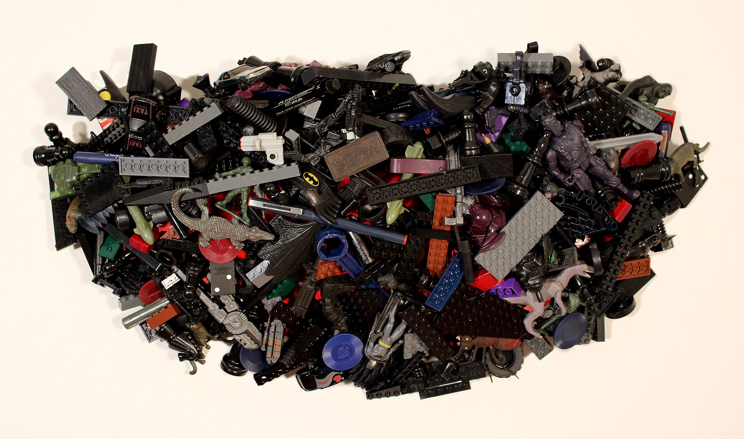 IT WAS A DARK AND STORMY NIGHT, Found Lego Bricks, Game Pieces, Matchbox Cars, Spent Pens, Toys, Plastic Figures, Enamel Paint, E-6000, Apoxie Sculpt, EZ Sculpt, Plywood, 12”H x 24”W x 6”D, 2026