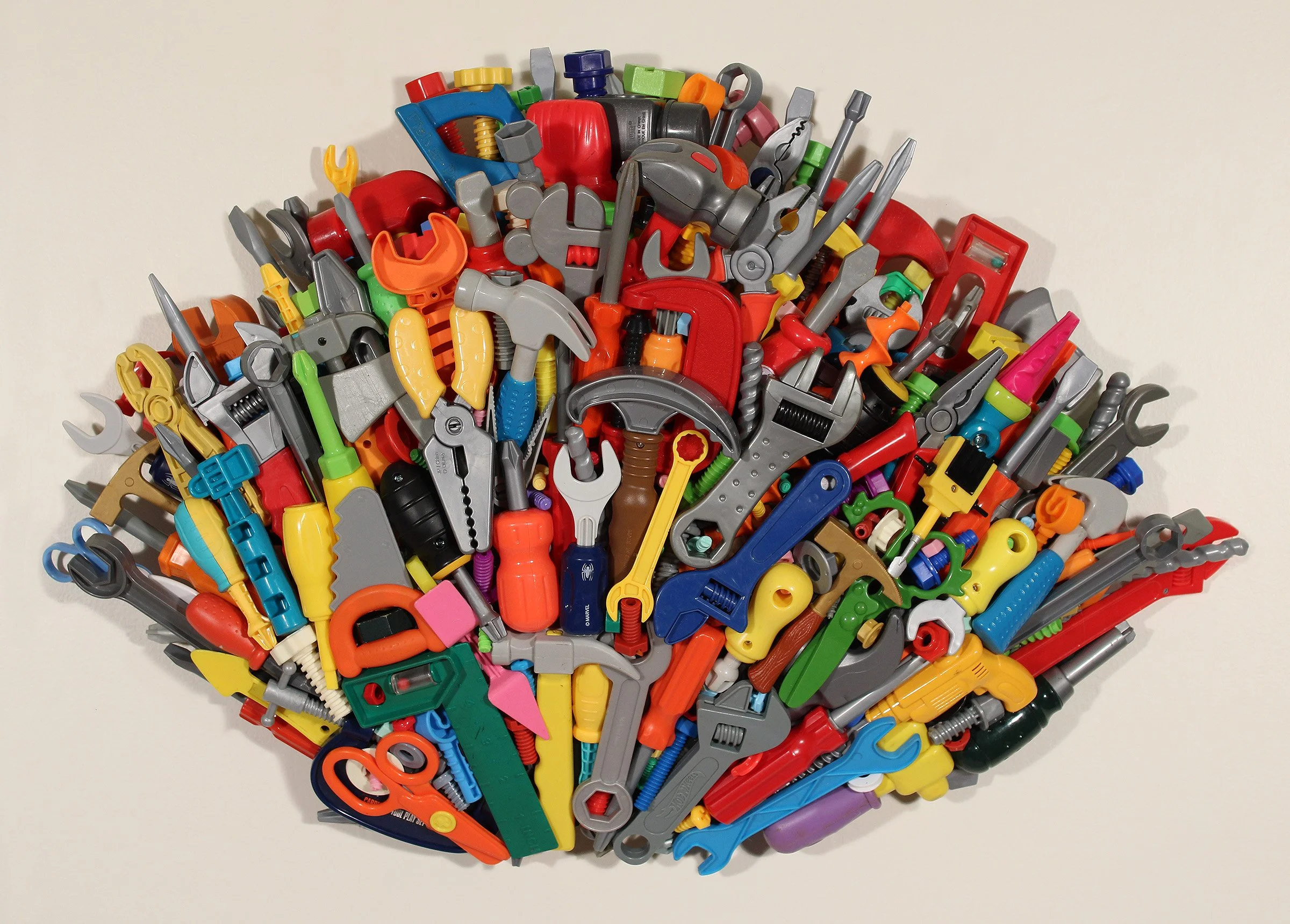 I CAN FIX IT, Found Toy Tools and Bolts, E6000, EZ Sculpt, Apoxie Sculpt, Plywood, 19”H x 28”W x 7”D, 2026