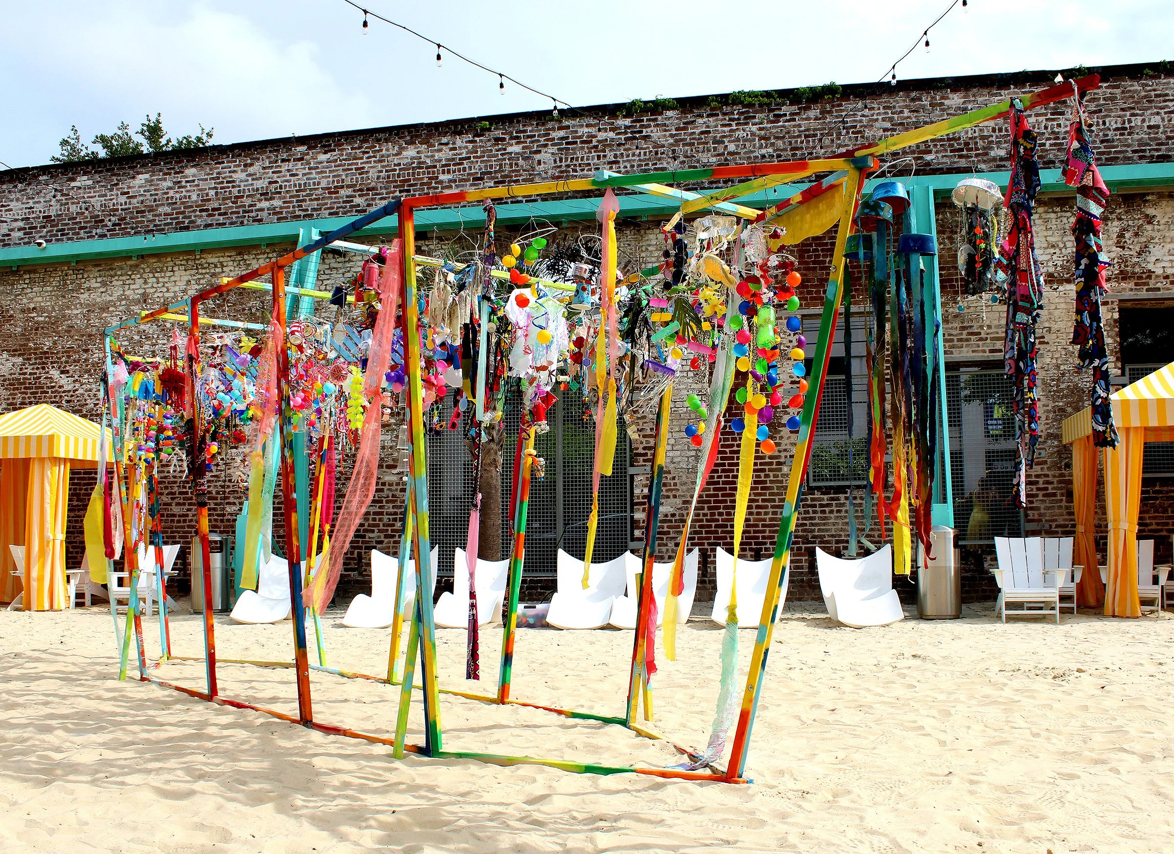 THE GOOD SHIP DUCHAMP, Lumber, Wire, Suspended Found Object Wind Hangings and Fabric Streamers, Latex Paint, Total Length: 25’L x 8’H x 6’W, SCAD Beach, SCAD Museum of Art, Savannah, GA