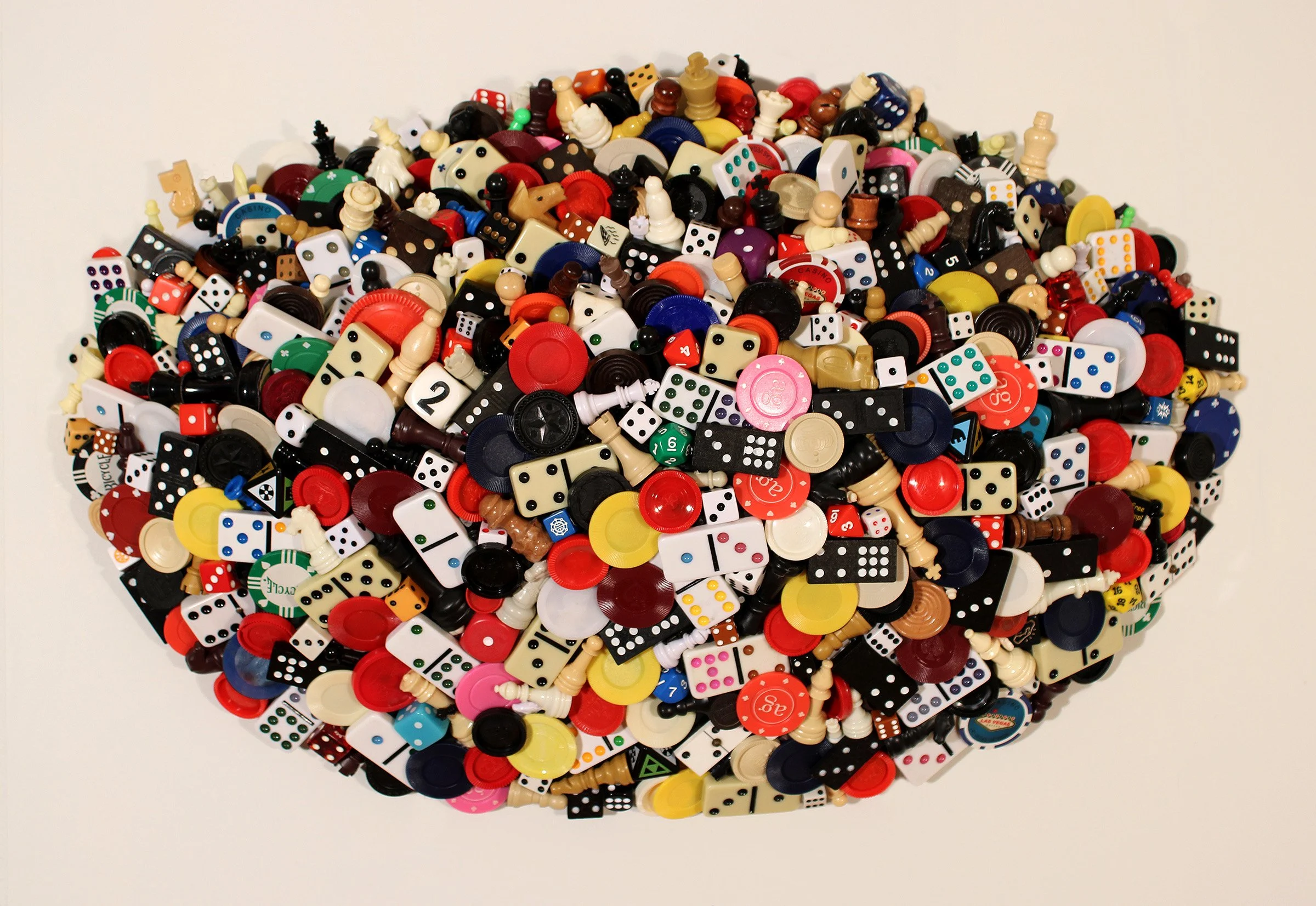 THE GAMES PEOPLE PLAY, Found Checker, Chess, Backgammon, Dominos, Dice, and Poker Chips, E-6000, Apoxie Sculpt, EZ Sculpt, Plywood, 16”H x 24”W x 5”D, 2026