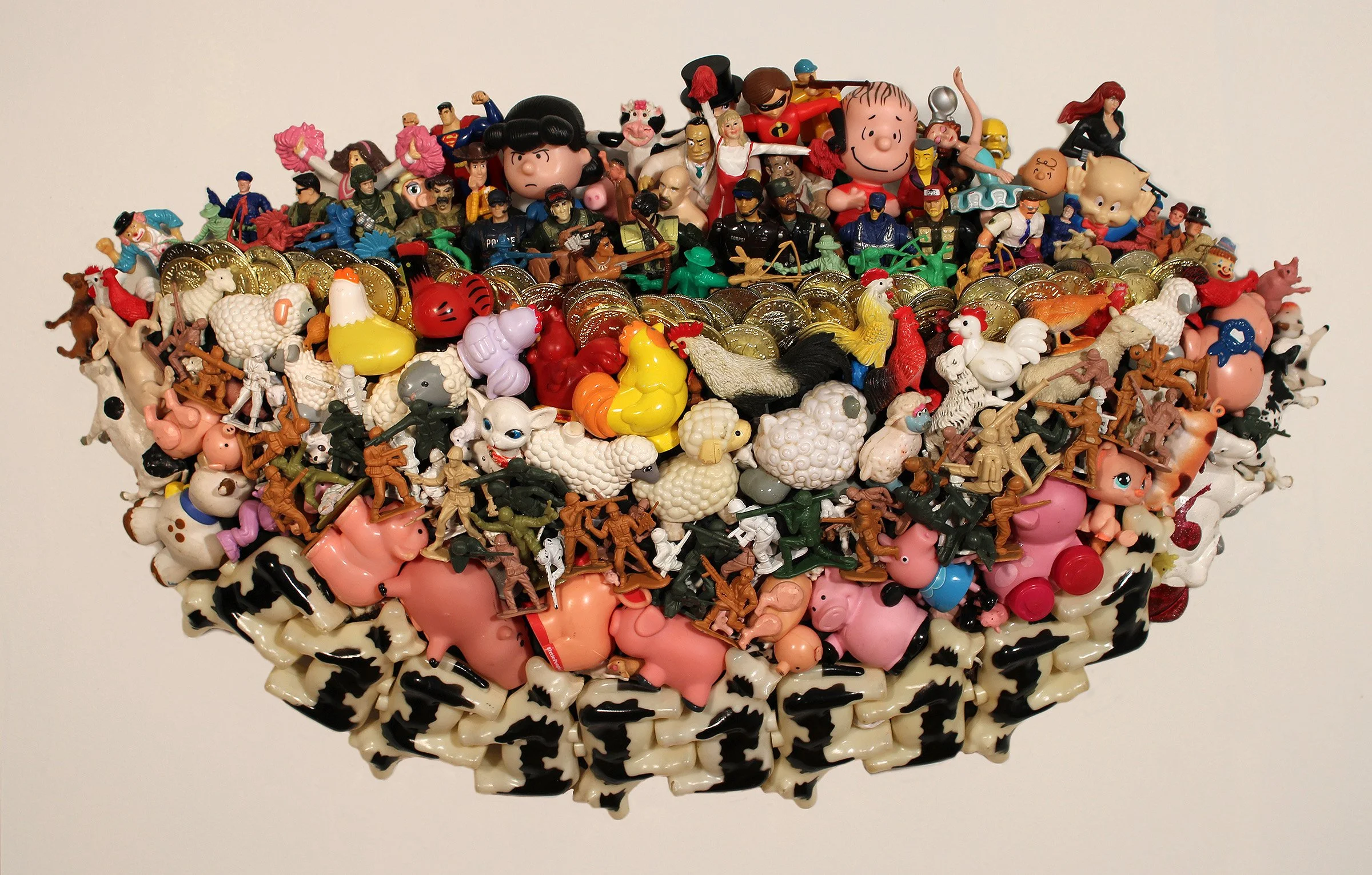 2025 DOMESTIC AGENDA, Found Toy Farm Animals, Coins, Various Domestic and Military Figures, E-6000, Apoxie Sculpt, EZ Sculpt, Plywood, 15”H x 25”W x 5”D, 2025