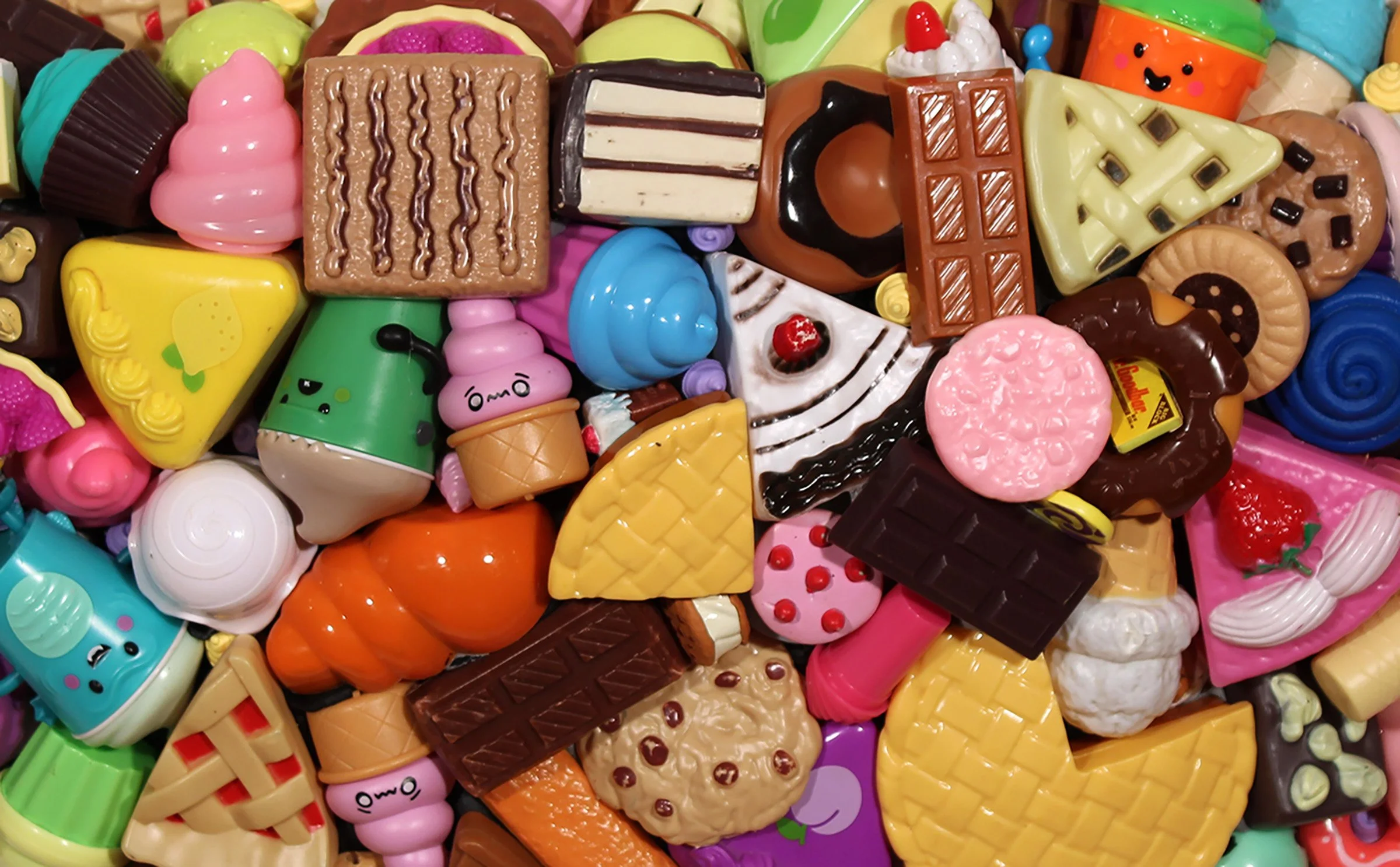 WHO WANTS DESSERT? (Detail), Found Dessert Toys, E6000, EZ Sculpt, Apoxie Sculpt, Plywood, 13”H x 25”W x 5”D, 2026