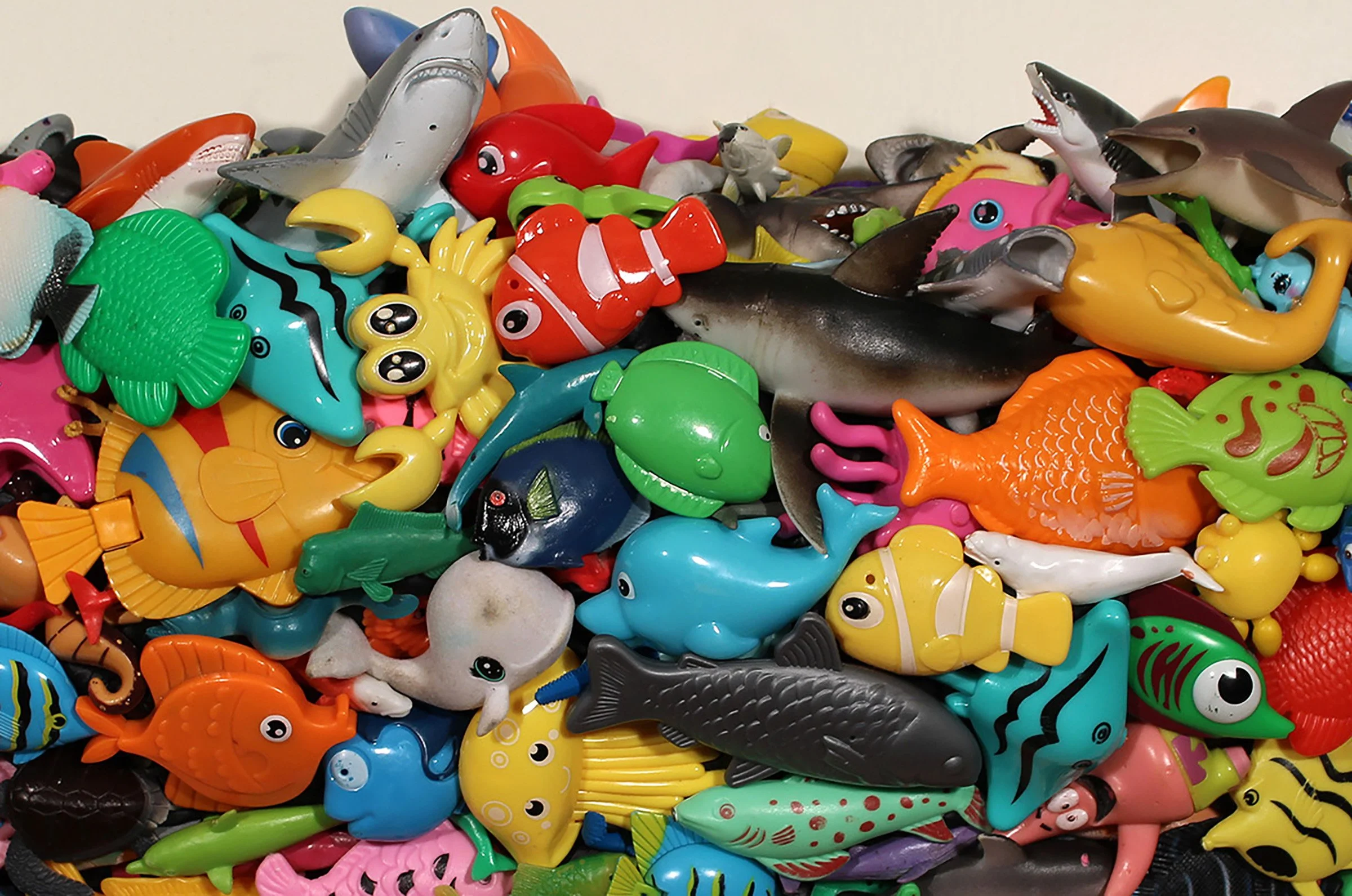 THE AQUATIC LIFE II (Detail), Found Toy Water Animals, E6000, EZ Sculpt, Apoxie Sculpt, Plywood, 13”H x 25”W x 5”D, 2026
