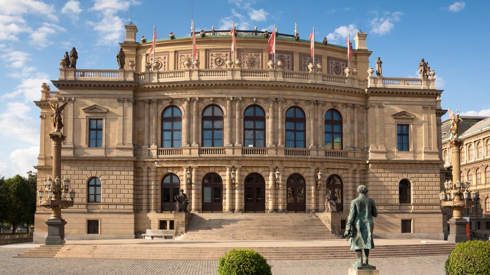 The grand facade of the Rudolfinum in Prague