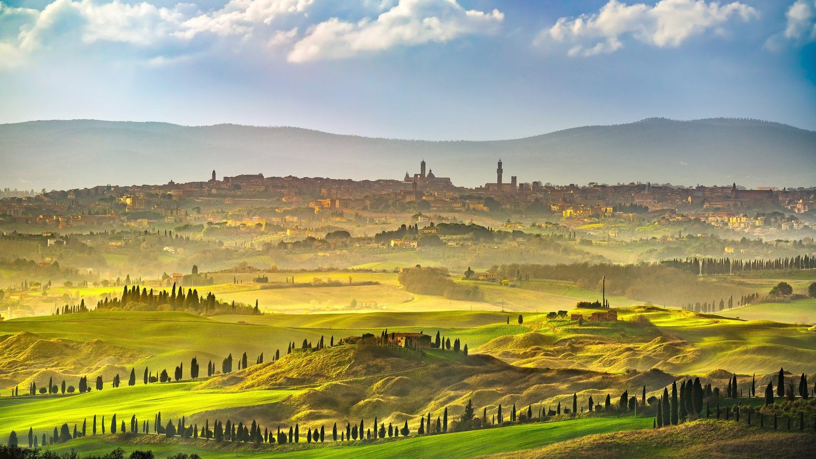 Tuscany's iconic rolling hills, with Siena in the distance