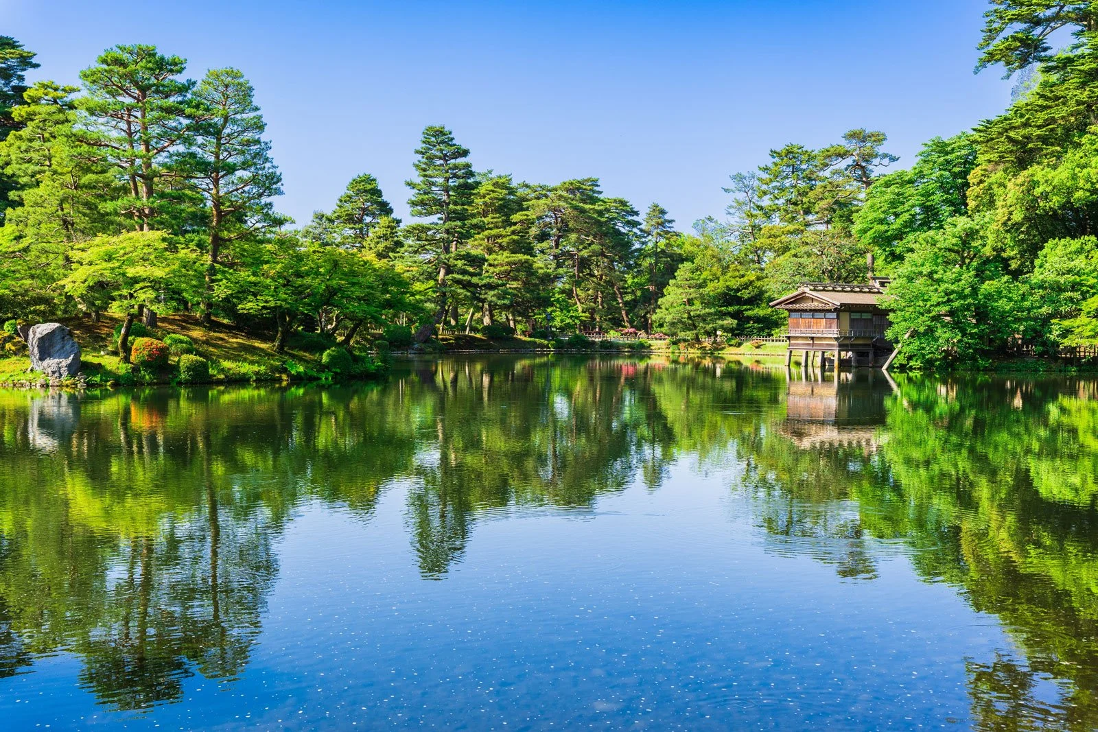 Kenrokuen, one of Japan's most famous gardens, in its lush springtime greens