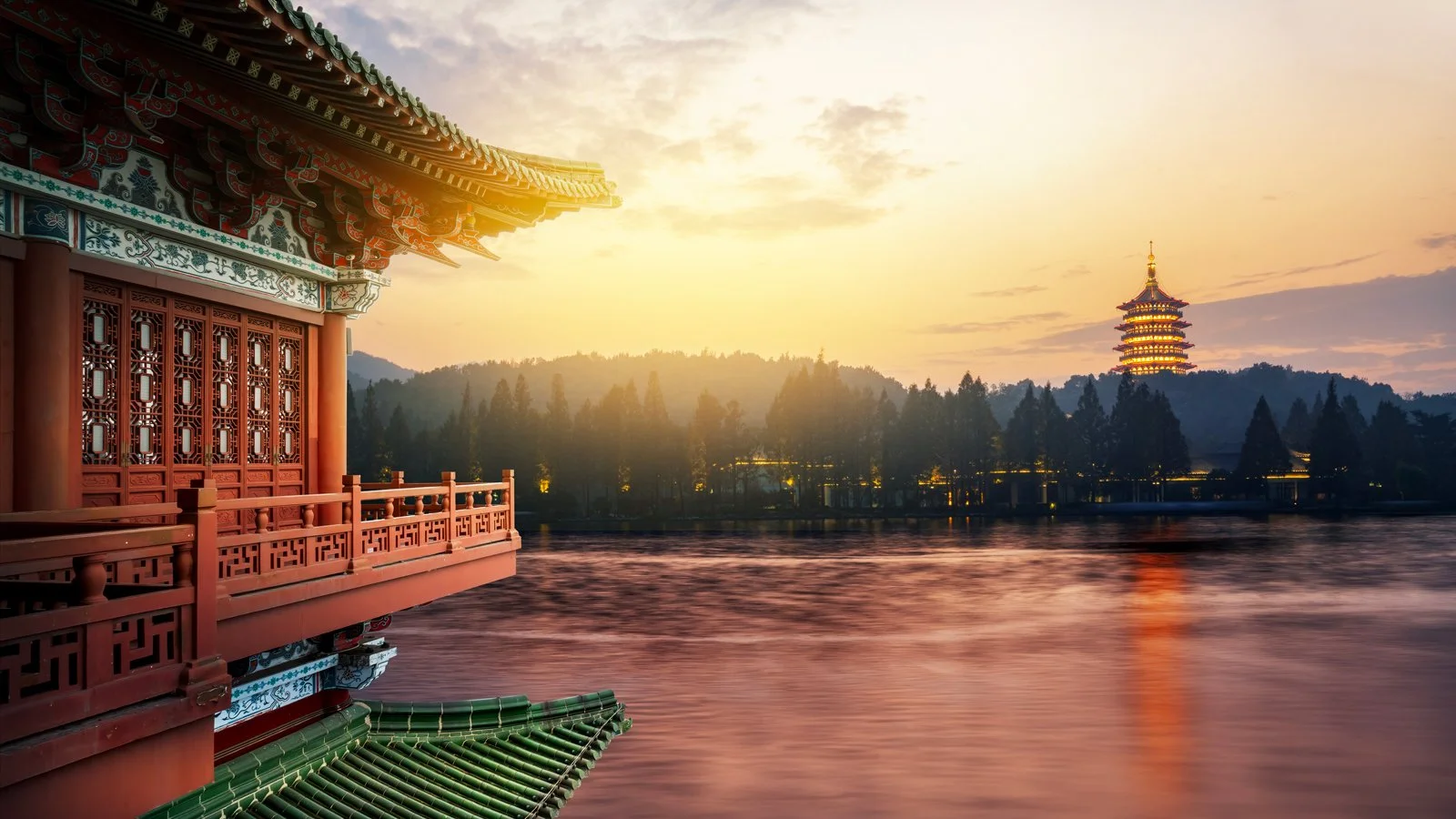 View across West Lake, Hangzou, on our extension tour