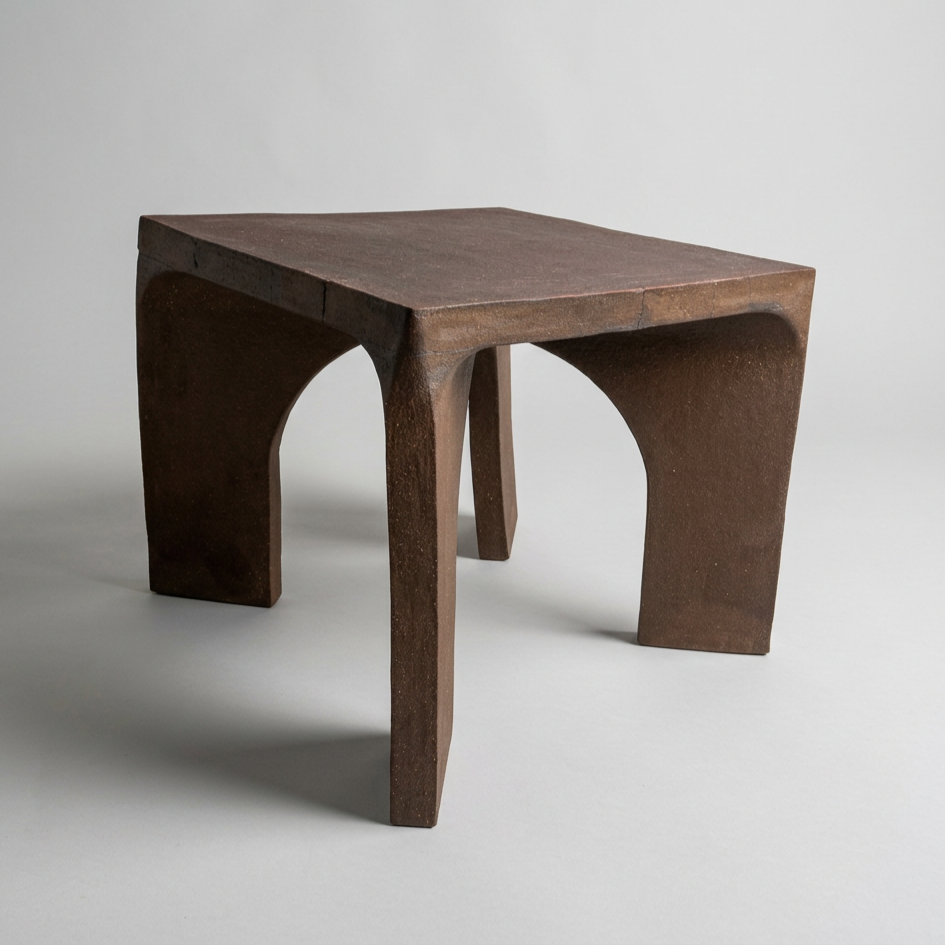 A small, rustic wooden table with a square top and curved legs, set against a plain light background.