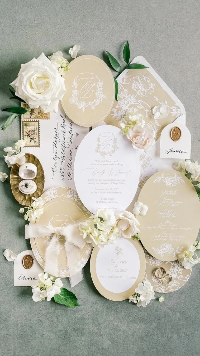 Elegant wedding invitation suite with cream, white, and gold accents. Includes RSVP cards, place cards, floral motifs, gold rings, and decorative elements, all arranged on a muted green background with white flowers and greenery.