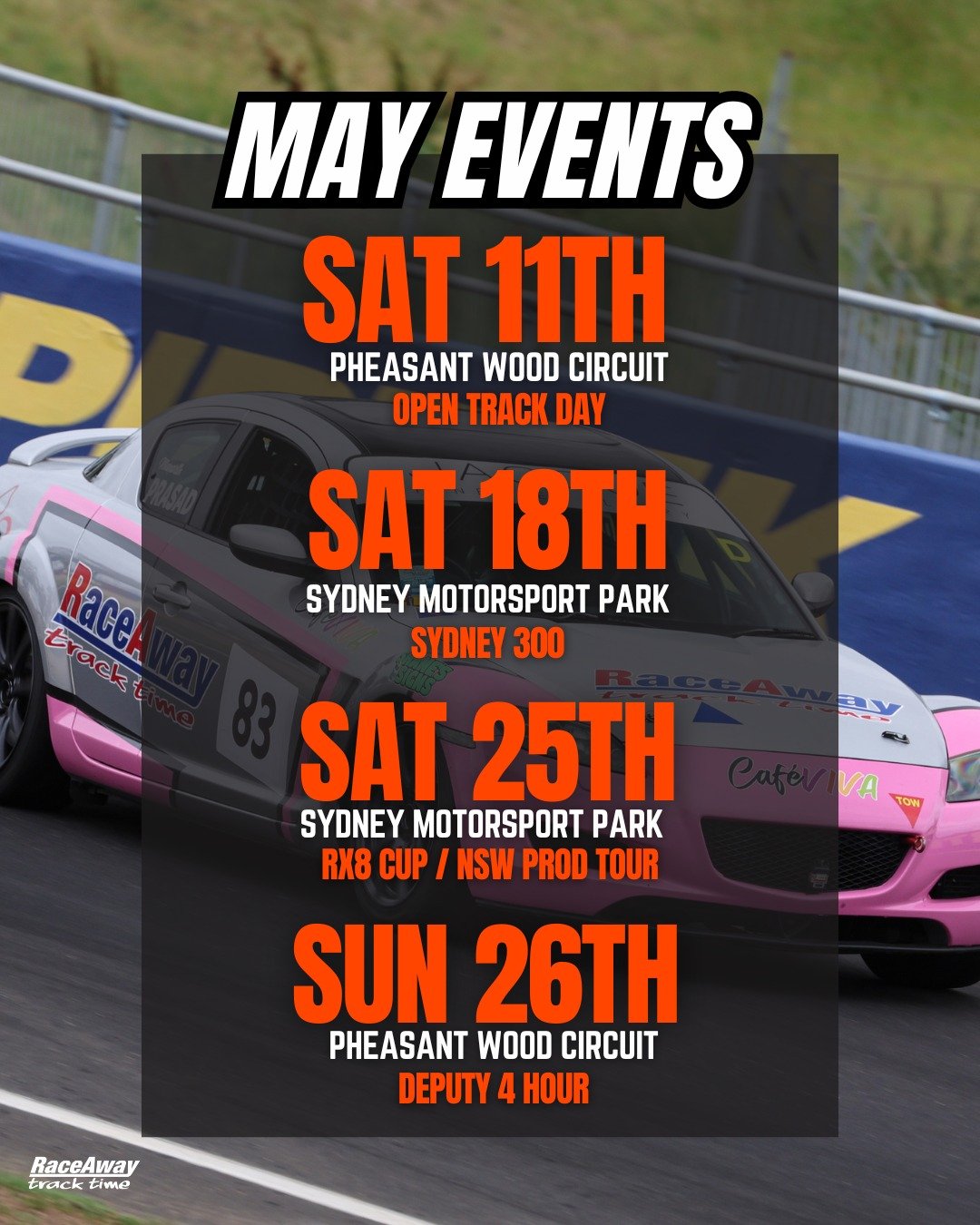 📣Get PUMPED for a jam packed May with seats available for newcomers and seasoned drivers ❤️&zwj;🔥

⏩Newcomers - Jump on track at our upcoming track day. BYO car or hire a race car! Want to get racing? Seats available for R4 of Deputy 4 Hour. Door-t
