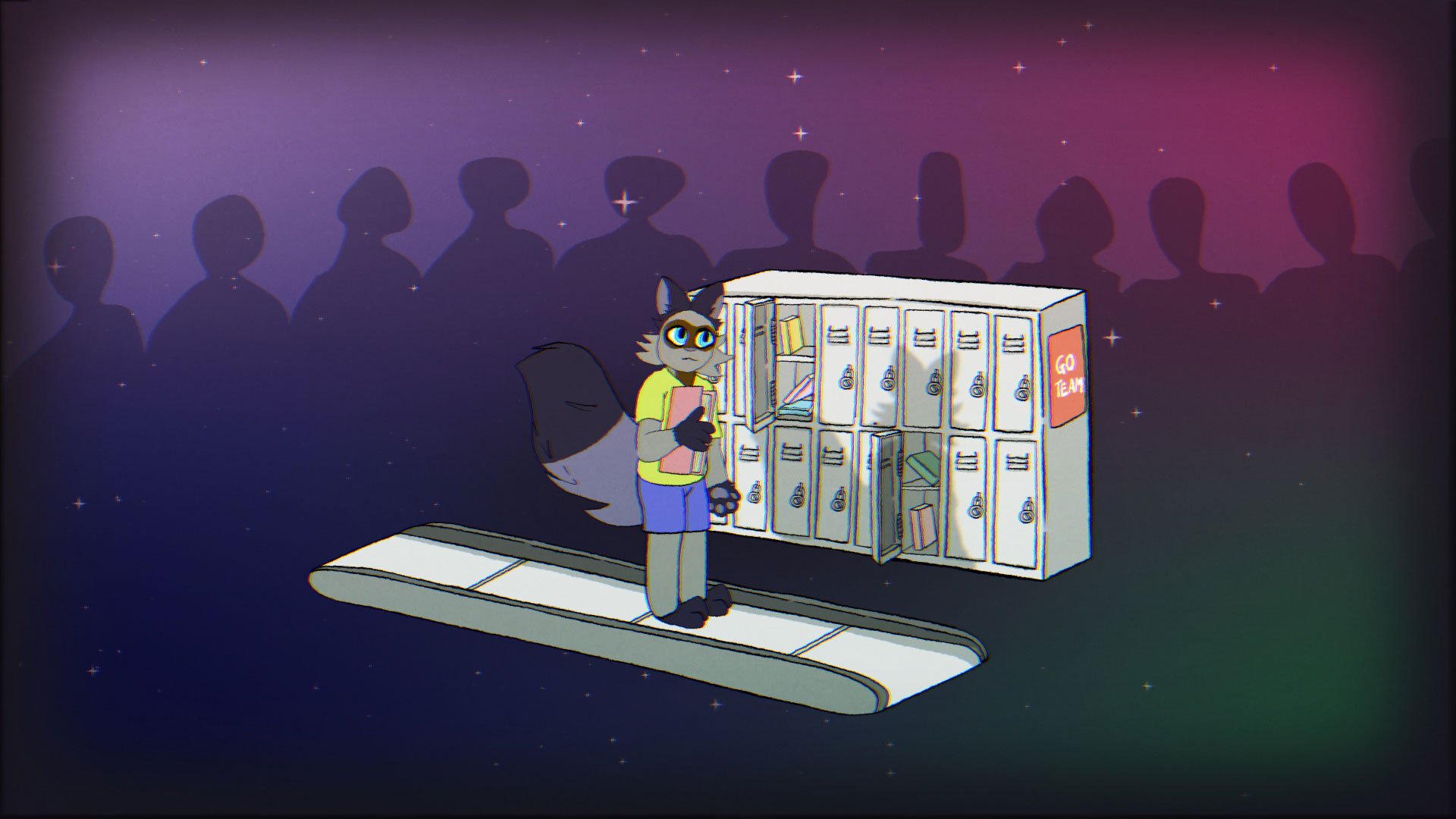 The Fallens animated character Mimosa on a cartoon conveyor belt passing lockers at school. He looks scared and there are ominous shadows in the background (Copy)