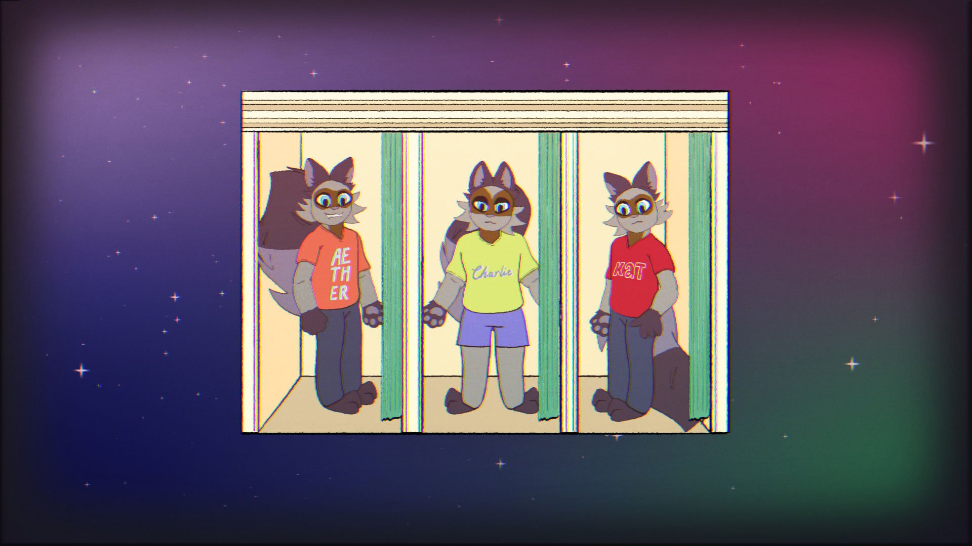 The Fallens animated character Mimosa in a changing room trying on three different t-shirts that each have different names printed on them: Aether, Charlie and Kat (Copy)