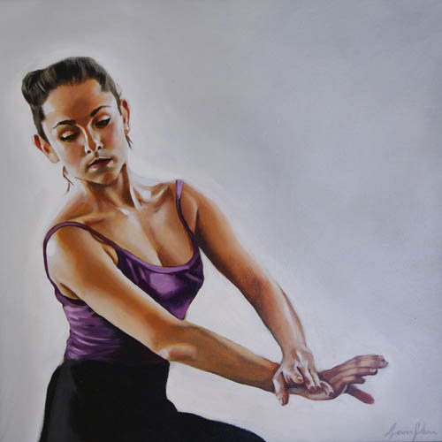 A woman wearing a purple top and black pants sitting and stretching her arms forward