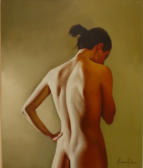 A woman with her back to the viewer, showing a combination of a painted and real body, blending a realistic depiction of her body with artwork, against a plain background.