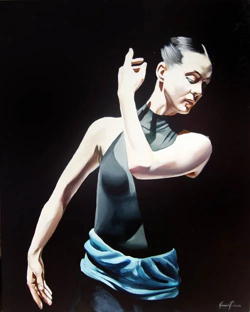 Painting of a woman with dark hair styled in a sleek updo, wearing a black sleeveless top and a blue skirt, with her hand near her face and eyes closed, set against a black background.