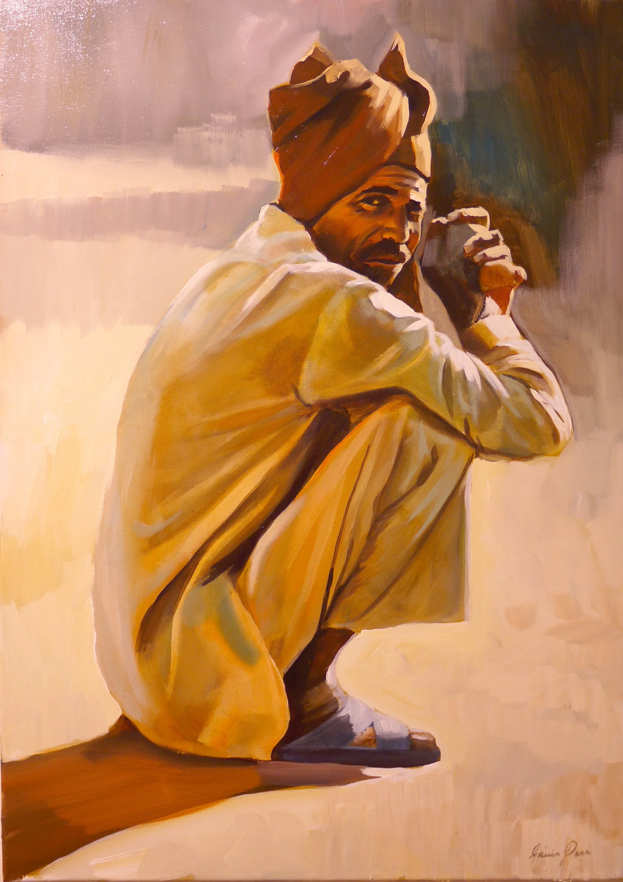 Painting of a man wearing a traditional turban, with dark skin, sitting with his hand resting on his face, wearing a light-colored shirt, in an expressive, impressionist style.