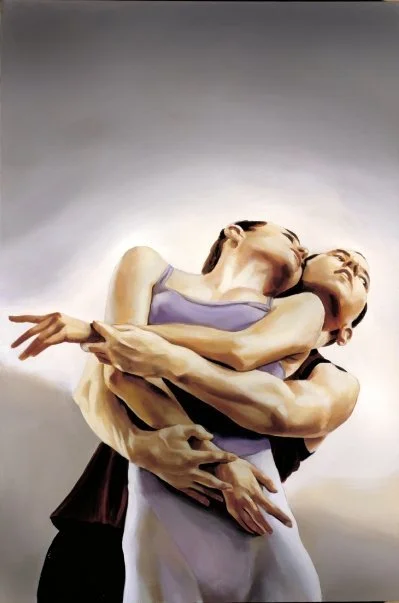 A painting of a man hugging and kissing a woman from behind, with both appearing to be embracing passionately.