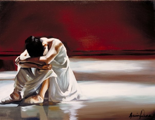 A painting of two people sitting on the floor, hugging each other with their heads down, in white clothing, with a red and dark background.