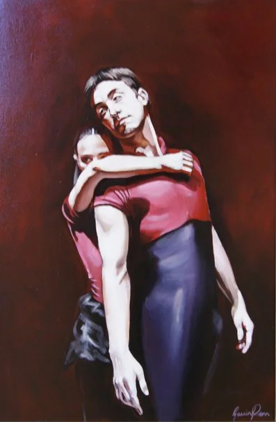 A painting of a young man and woman, with the woman hugging the man's shoulders from behind. The man is dressed in a red shirt and dark pants, and the woman is wearing a dark skirt and a red top. The background is a plain dark reddish-brown.