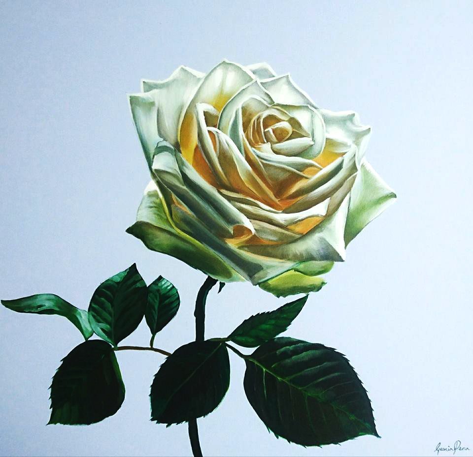 A painting of a white and yellow rose with green leaves against a light background.