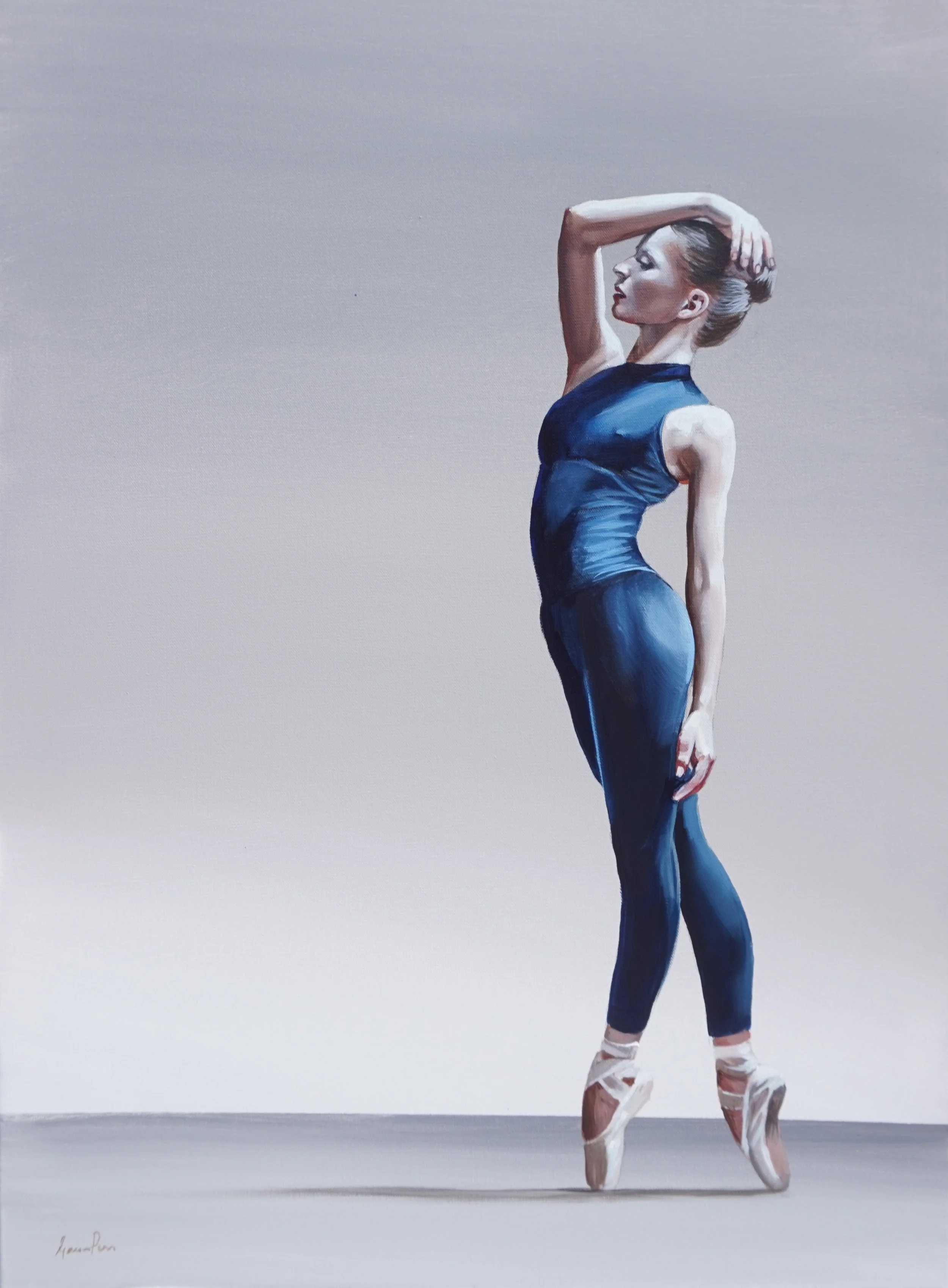 Painting of a female ballet dancer in a blue dress, standing en pointe with one arm raised and hand behind her head, against a plain light background.
