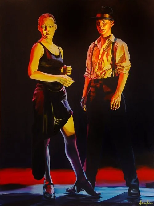 Painting of two women standing on a stage under colorful lights. One woman is wearing a black dress and the other is dressed in a shirt, suspenders, and a hat.