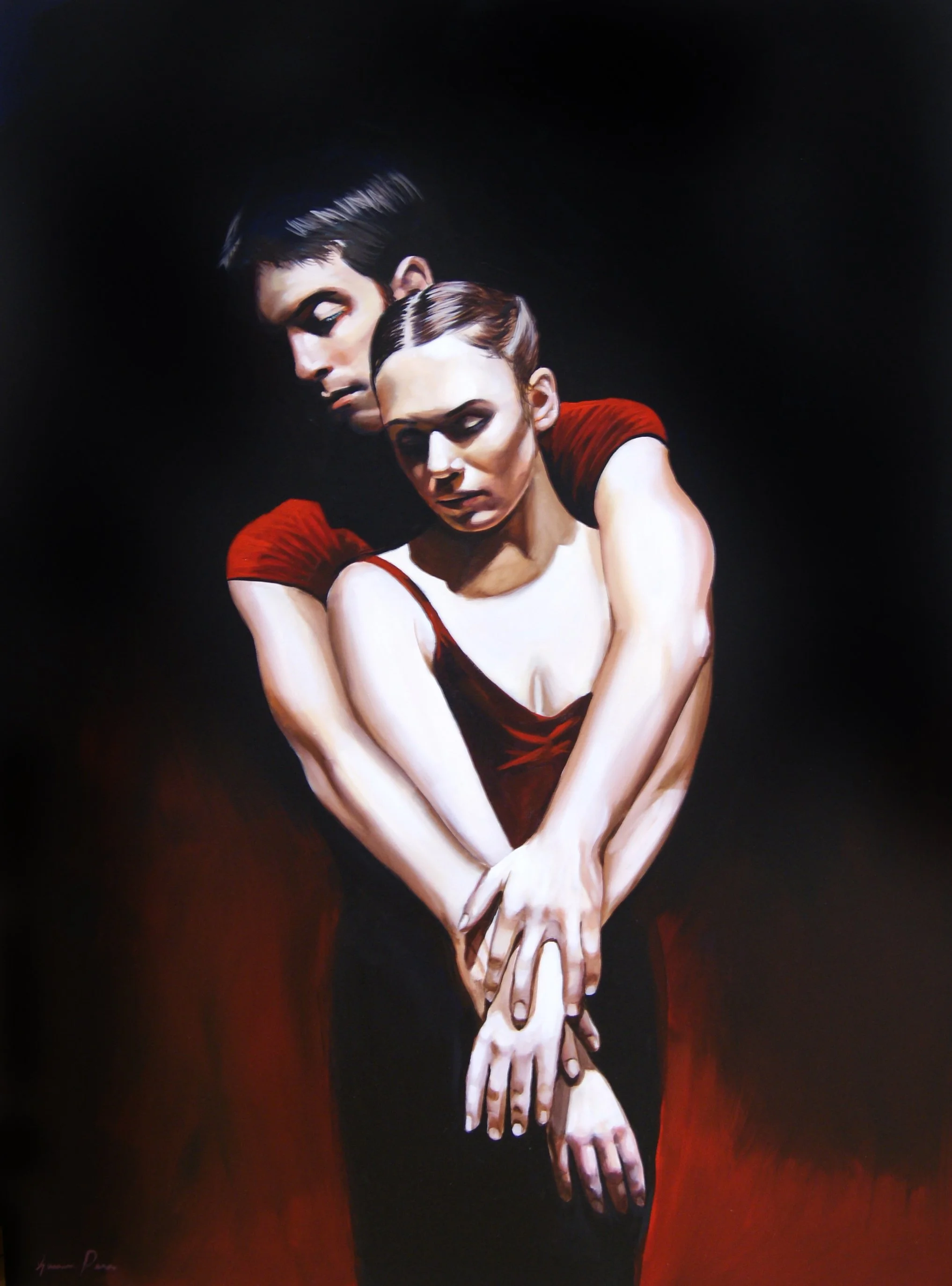 Painting of a young woman with fair skin, red dress, and slicked back hair, with a man with dark hair and fair skin looking over her shoulder against a dark background.